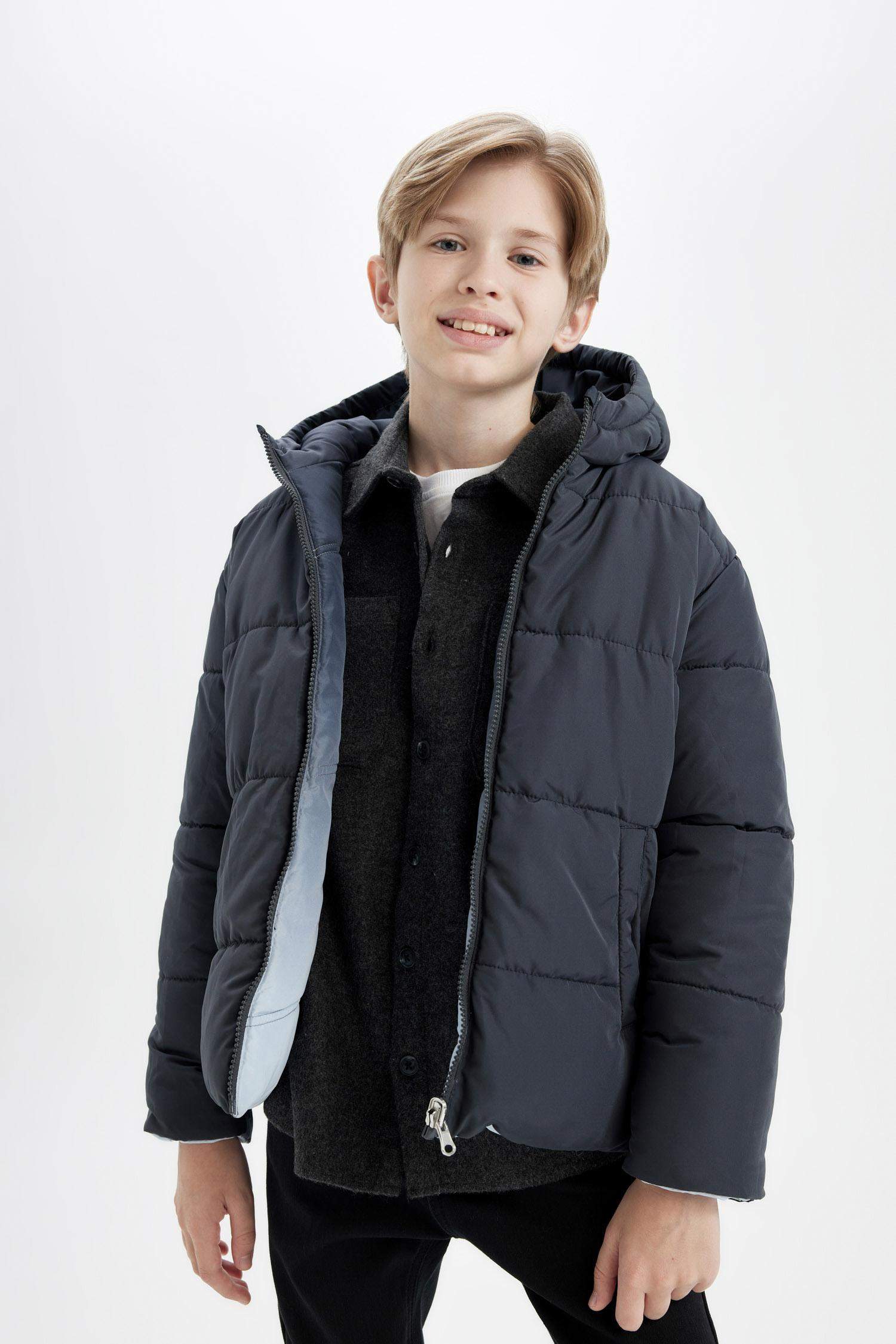 Erkek Çocuk Su Geçirmez Çift Taraflı Kapüşonlu Şişme Mont