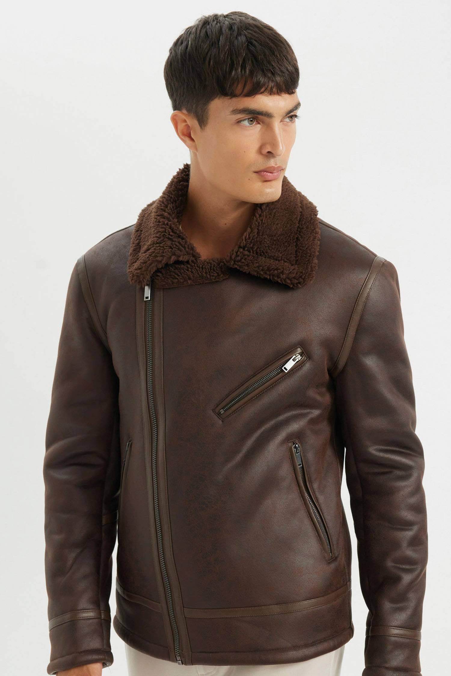 Slim Fit Dar Kesim Suni Kürk Astarlı Fermuarlı Cepli Süet Deri Kışlık Ceket Mont