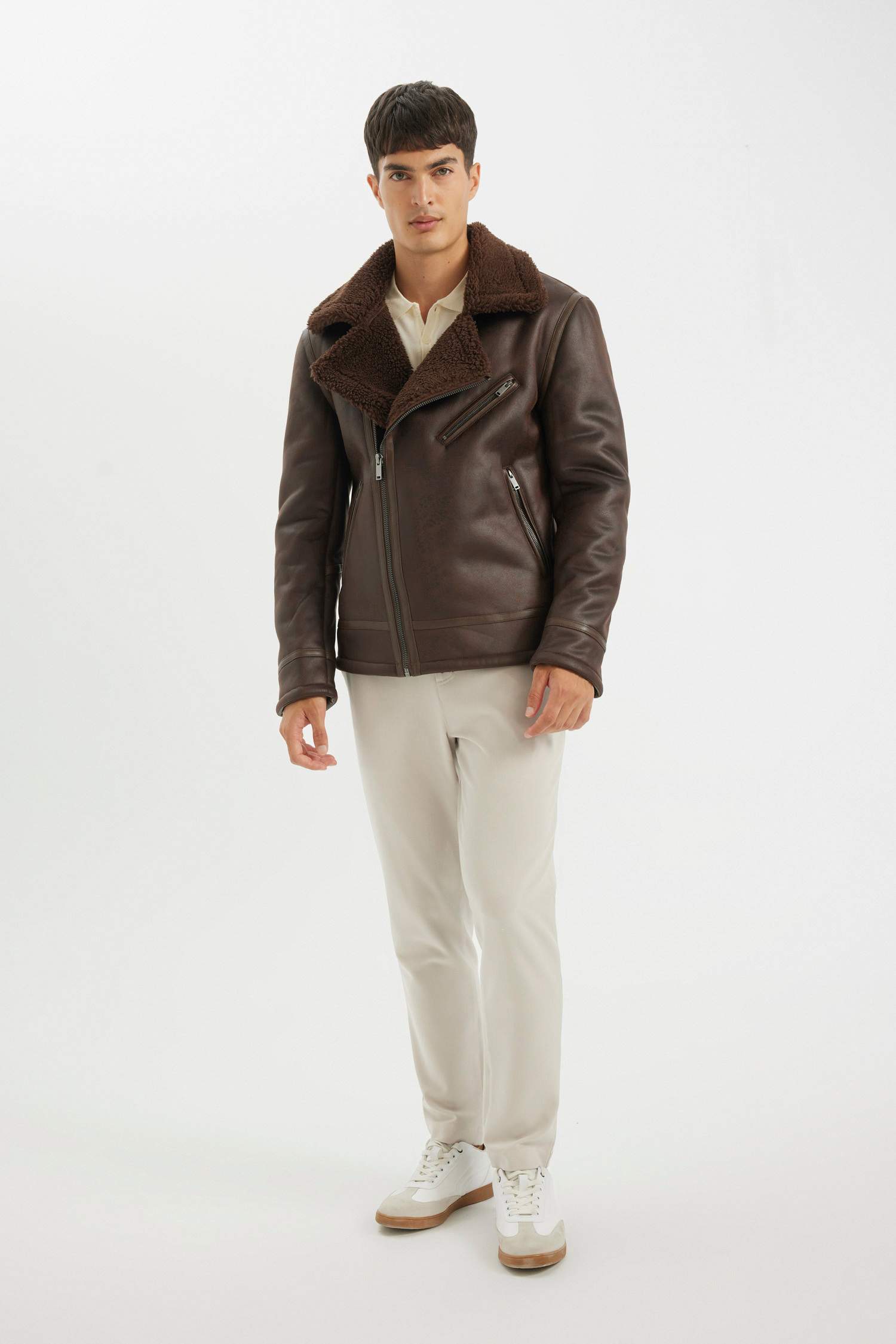 Slim Fit Dar Kesim Suni Kürk Astarlı Fermuarlı Cepli Süet Deri Kışlık Ceket Mont