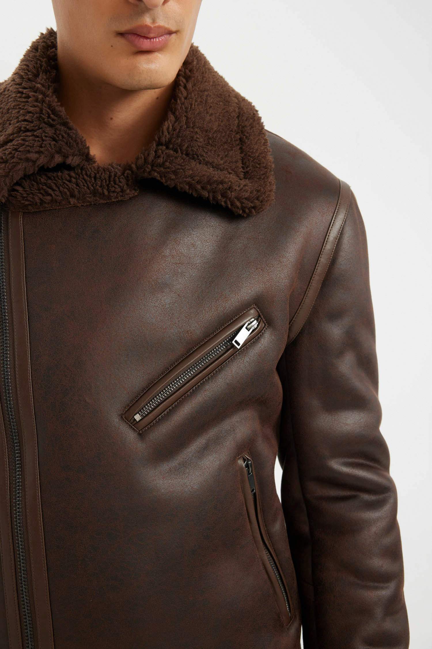 Slim Fit Dar Kesim Suni Kürk Astarlı Fermuarlı Cepli Süet Deri Kışlık Ceket Mont