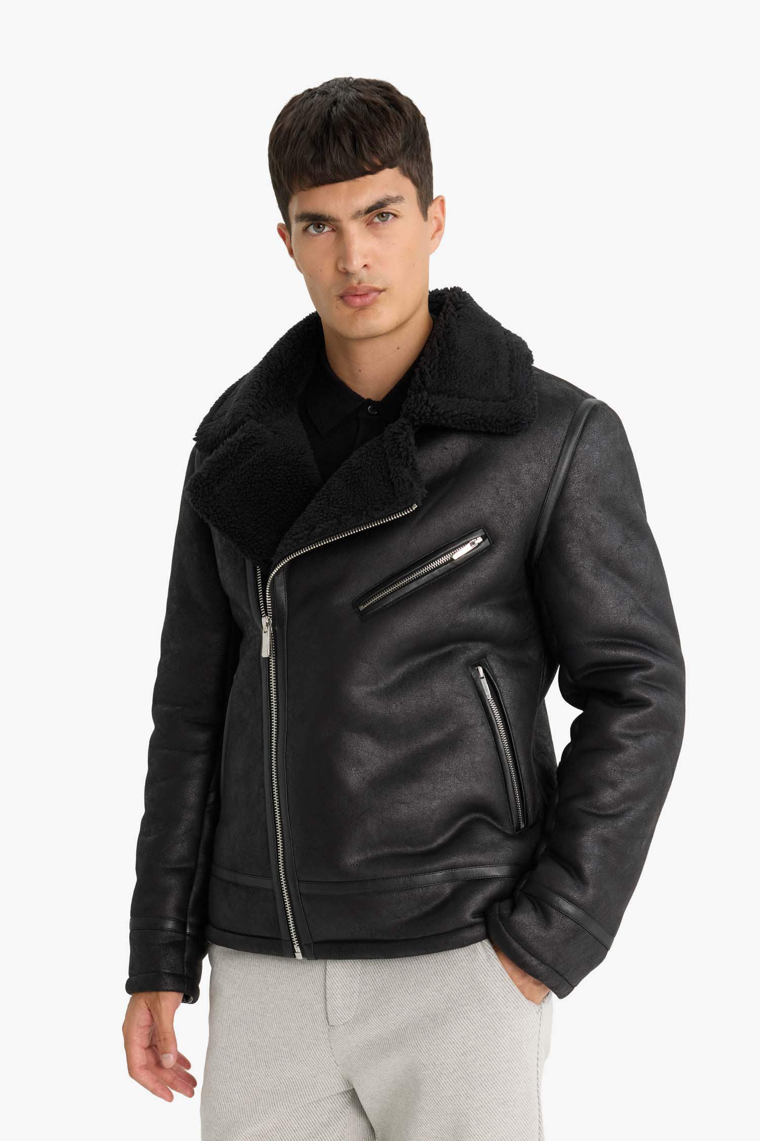 Slim Fit Dar Kesim Suni Kürk Astarlı Fermuarlı Cepli Süet Deri Kışlık Ceket Mont