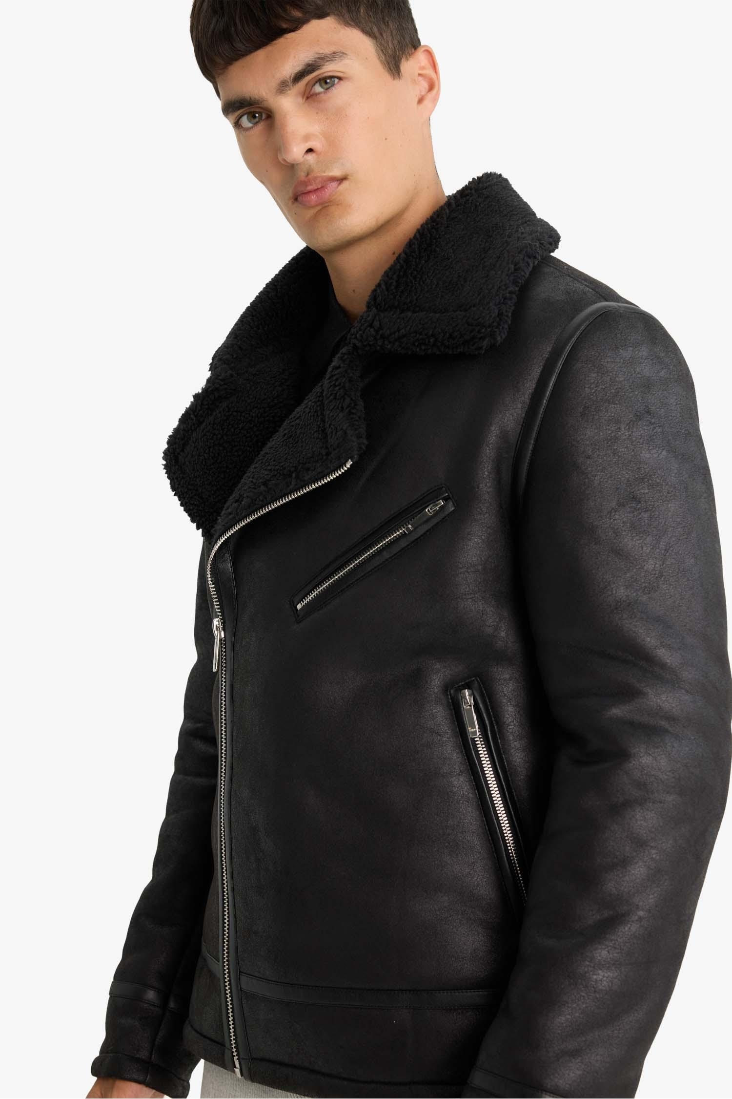 Slim Fit Dar Kesim Suni Kürk Astarlı Fermuarlı Cepli Süet Deri Kışlık Ceket Mont