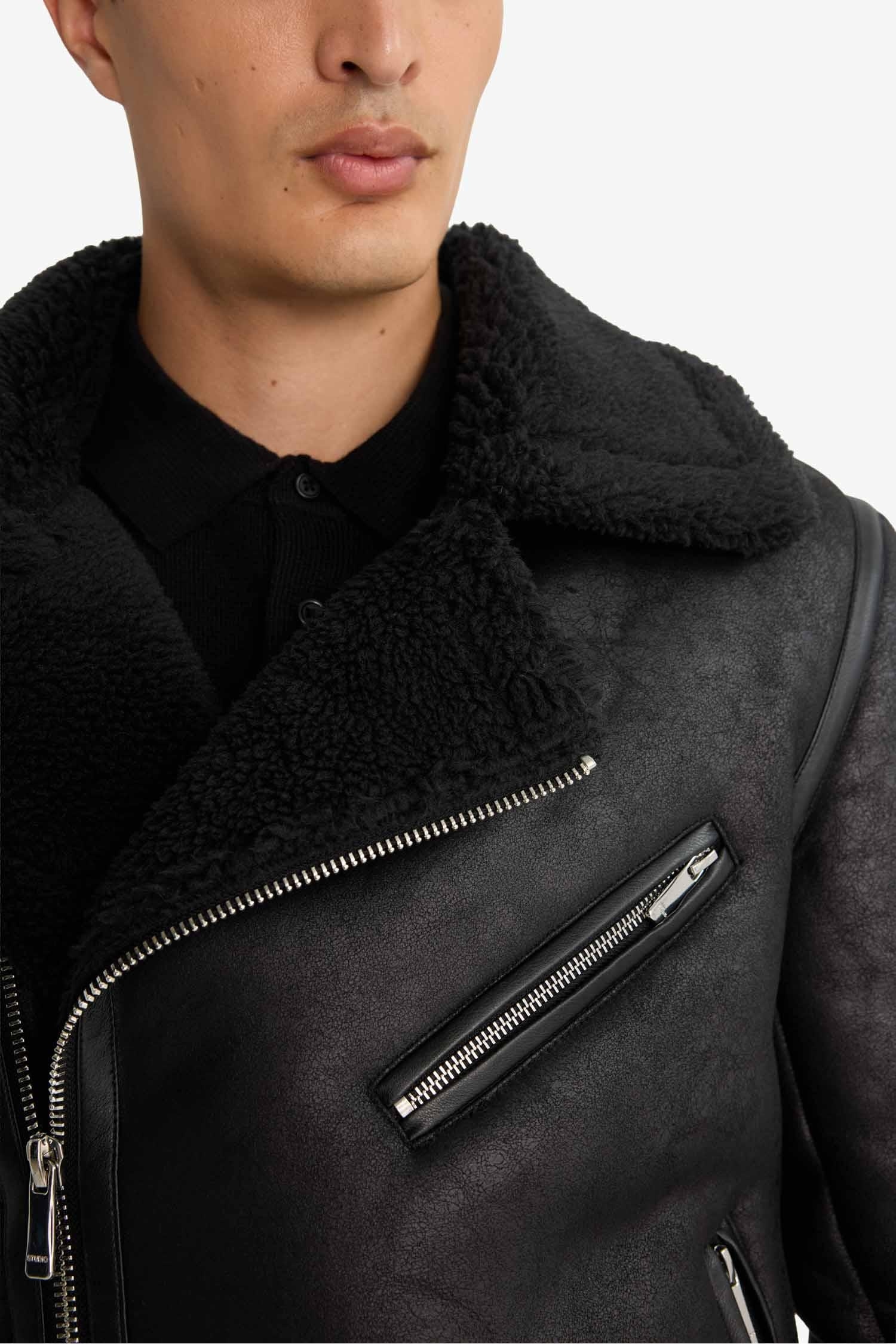 Slim Fit Dar Kesim Suni Kürk Astarlı Fermuarlı Cepli Süet Deri Kışlık Ceket Mont