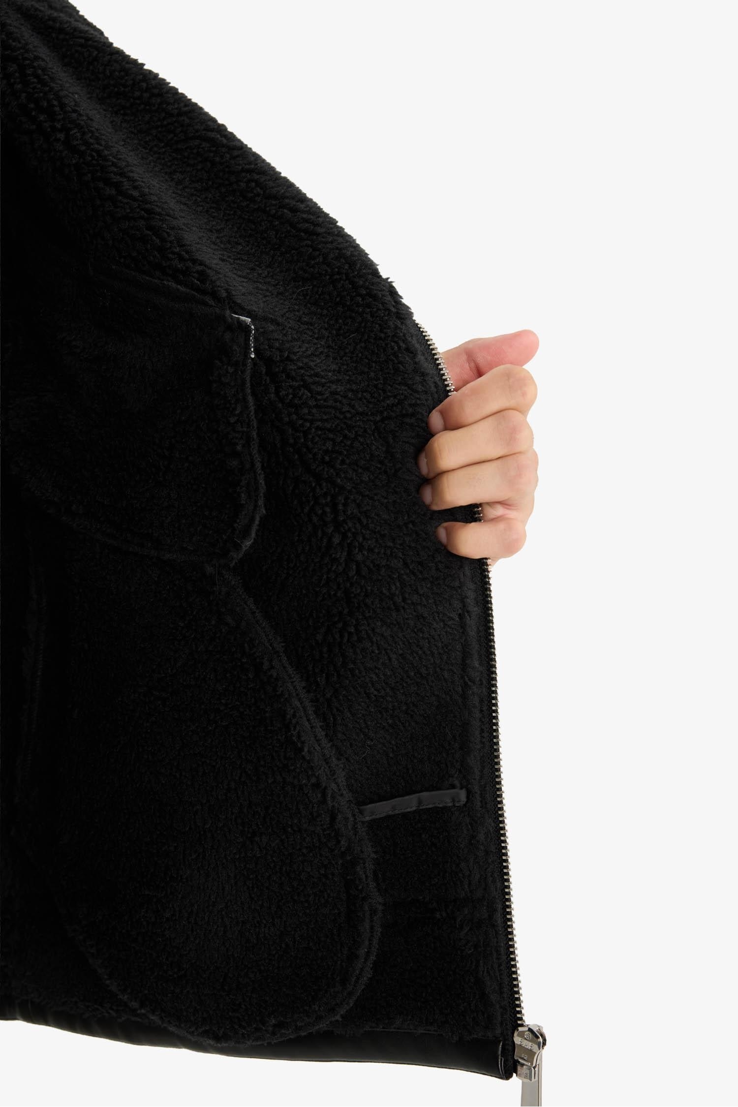 Slim Fit Dar Kesim Suni Kürk Astarlı Fermuarlı Cepli Süet Deri Kışlık Ceket Mont