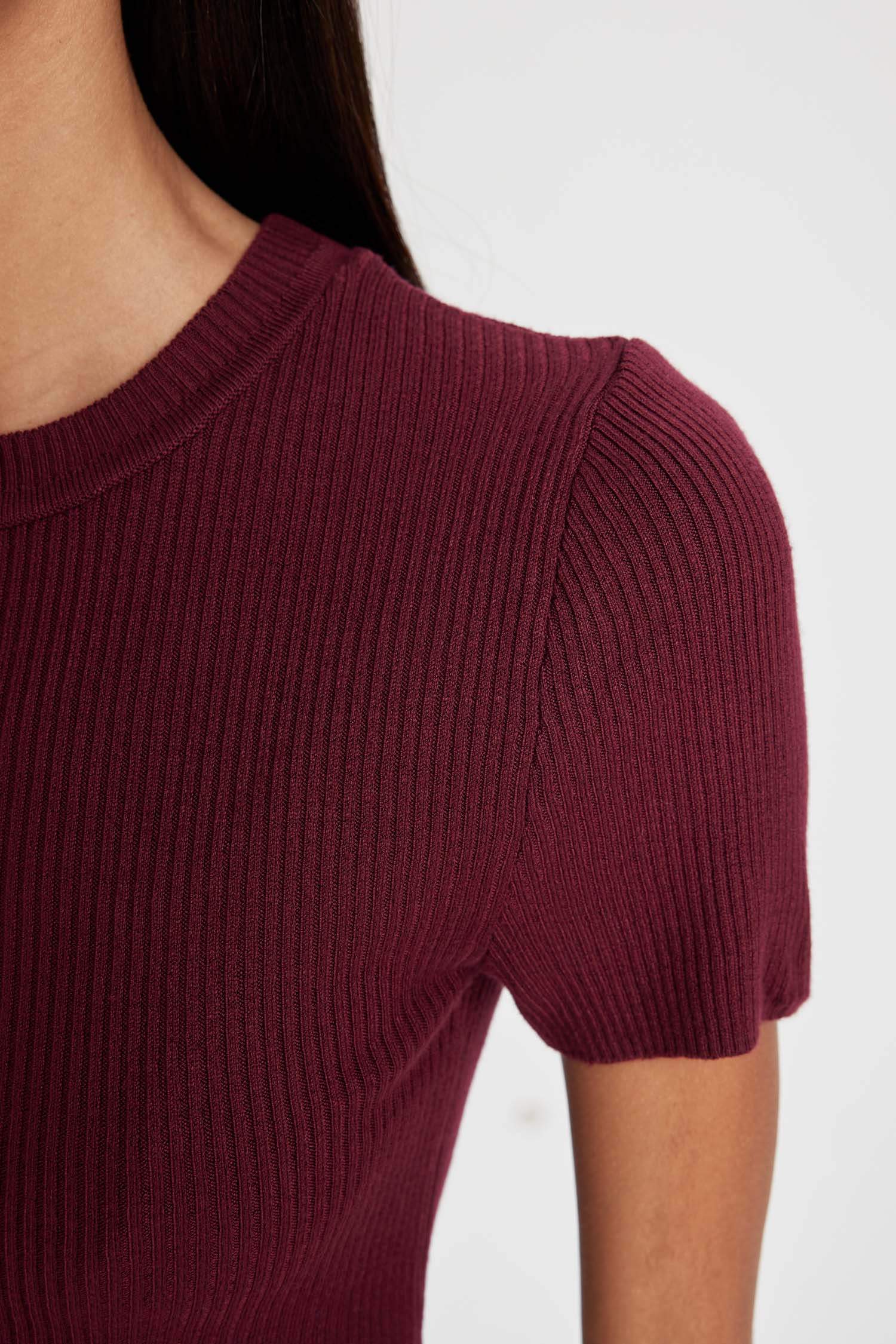 Crop Bisiklet Yaka Basic Düz Fitilli Kısa Kollu Triko Kazak