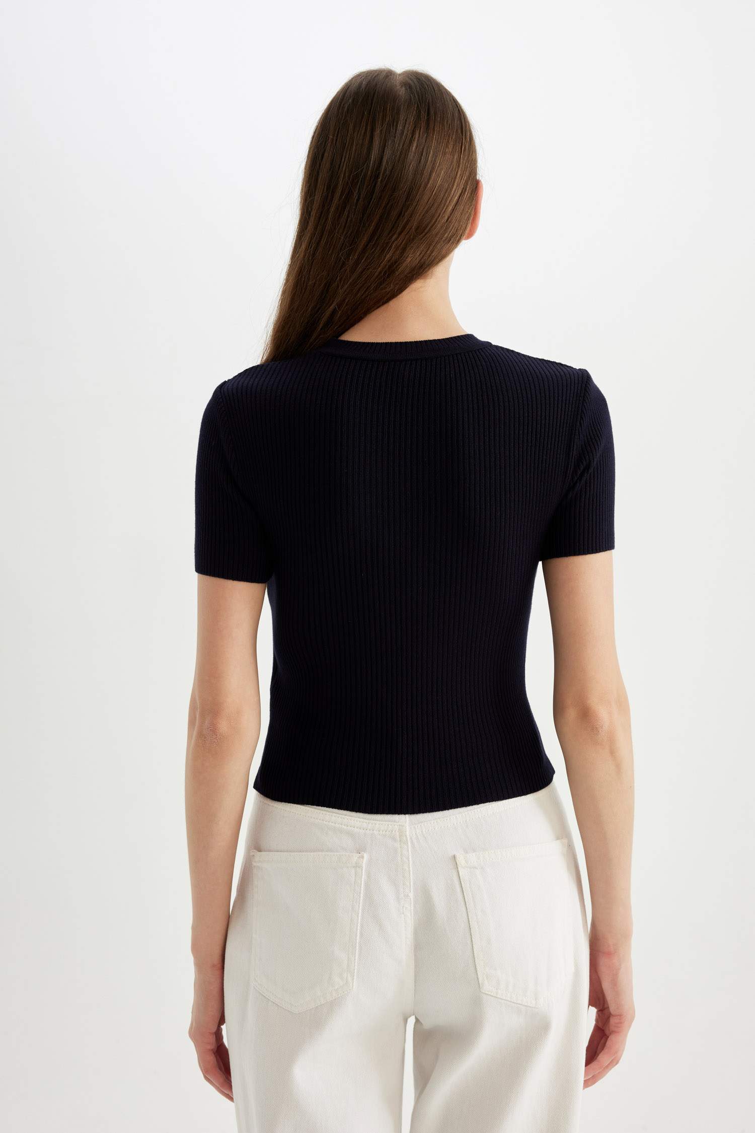 Crop Bisiklet Yaka Basic Düz Fitilli Kısa Kollu Triko Kazak