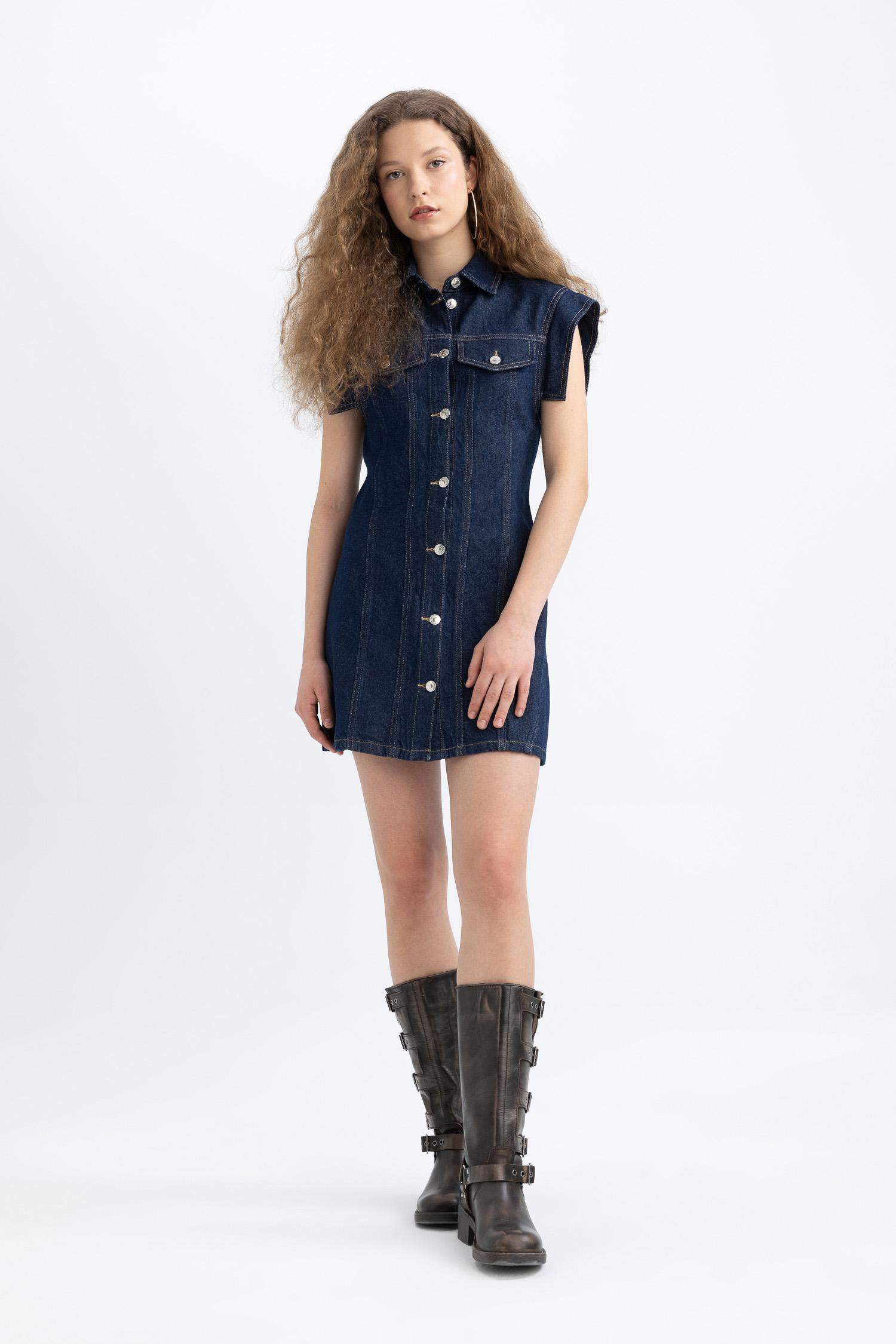 Kısa Kollu Mini Jean Elbise