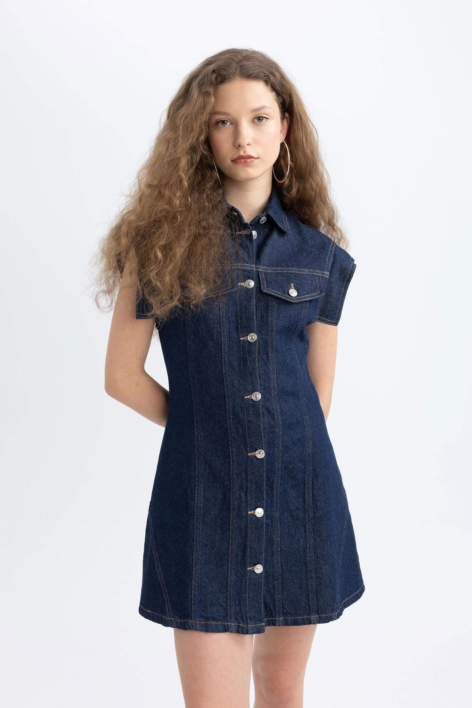 Kısa Kollu Mini Jean Elbise