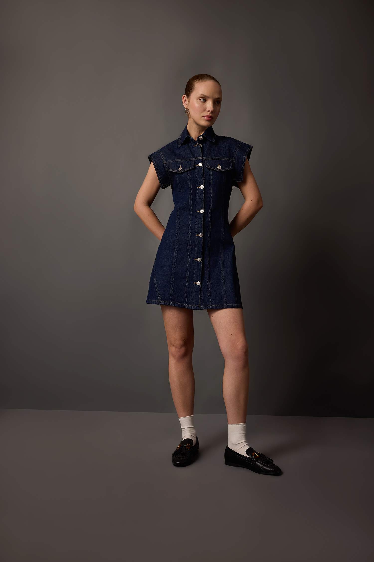 Kısa Kollu Mini Jean Elbise