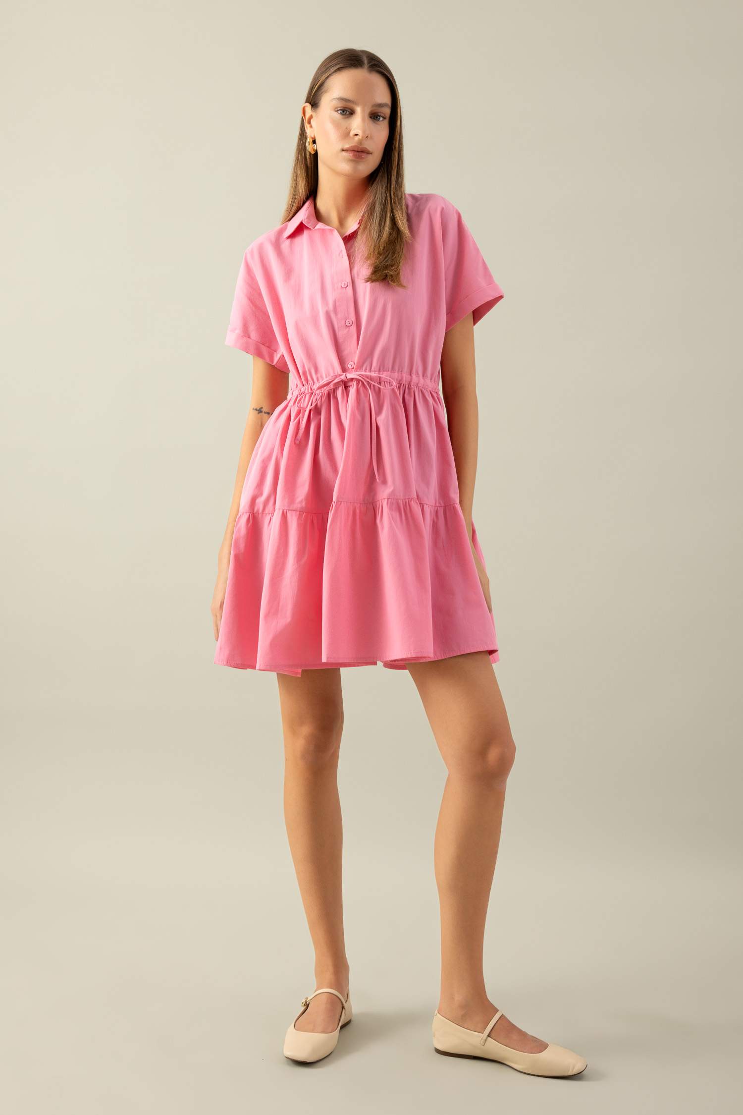 Gömlek Yaka Beli Büzgülü Poplin Kısa Kollu Mini Pembe Elbise
