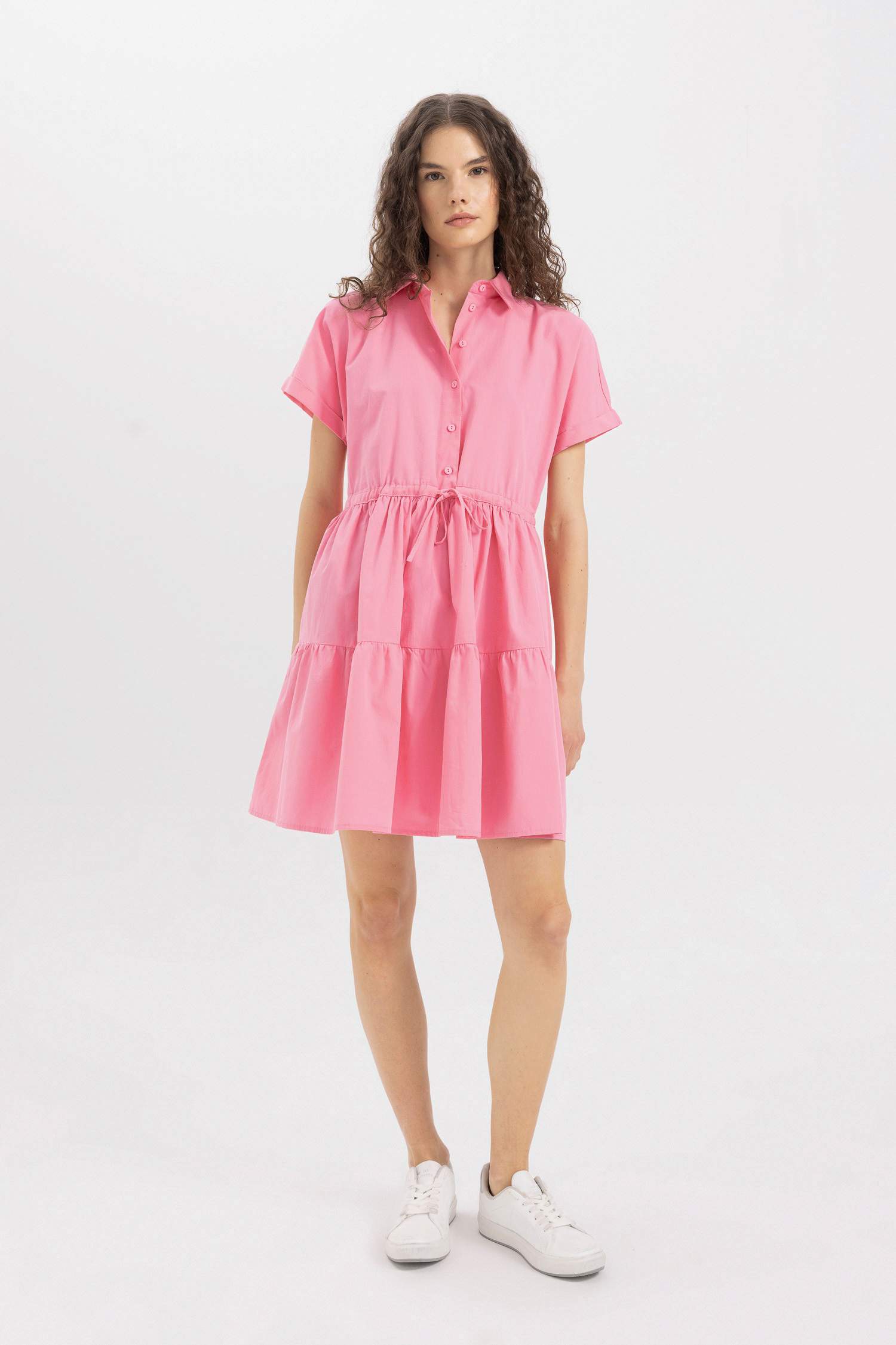 Gömlek Yaka Beli Büzgülü Poplin Kısa Kollu Mini Pembe Elbise