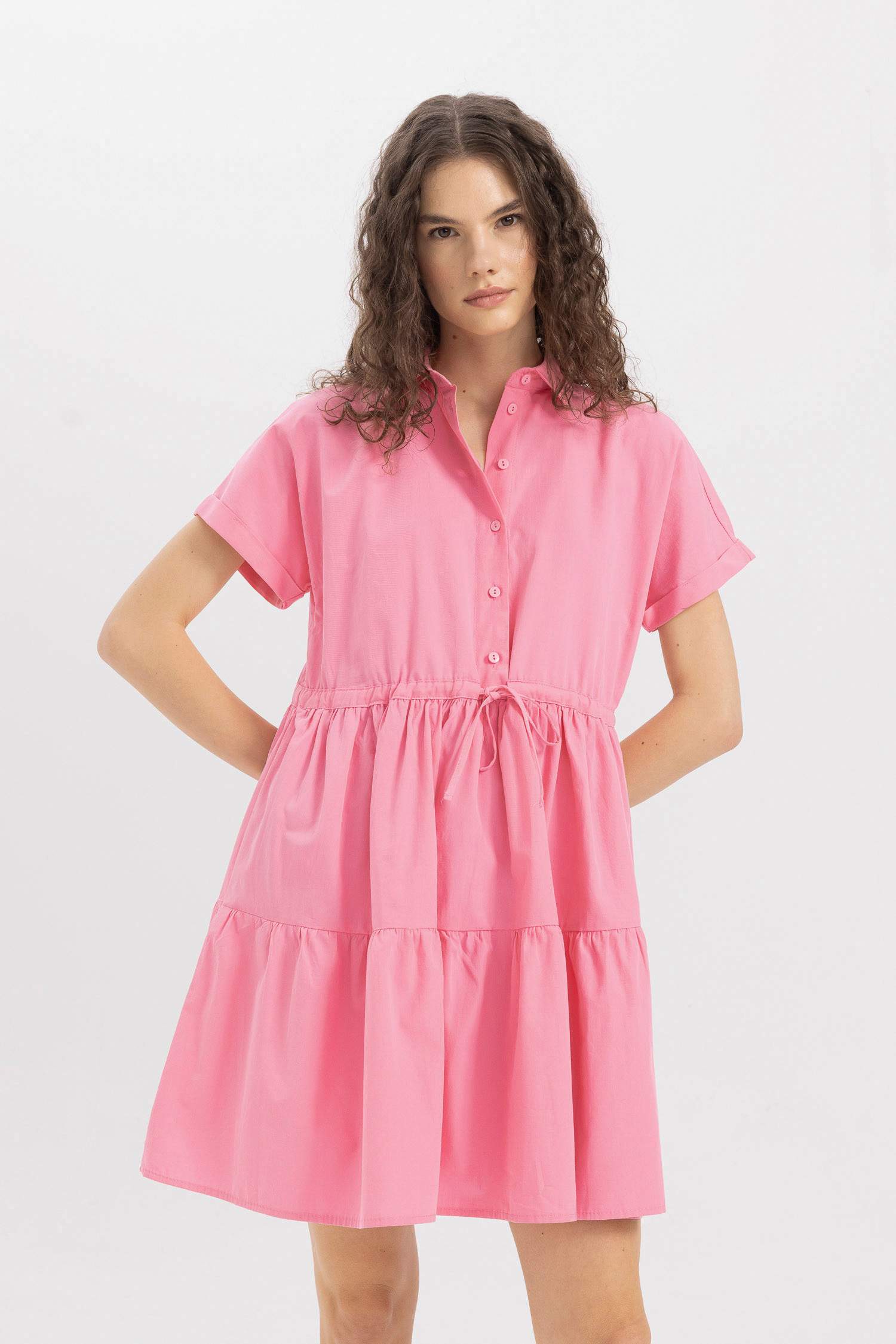 Gömlek Yaka Beli Büzgülü Poplin Kısa Kollu Mini Pembe Elbise