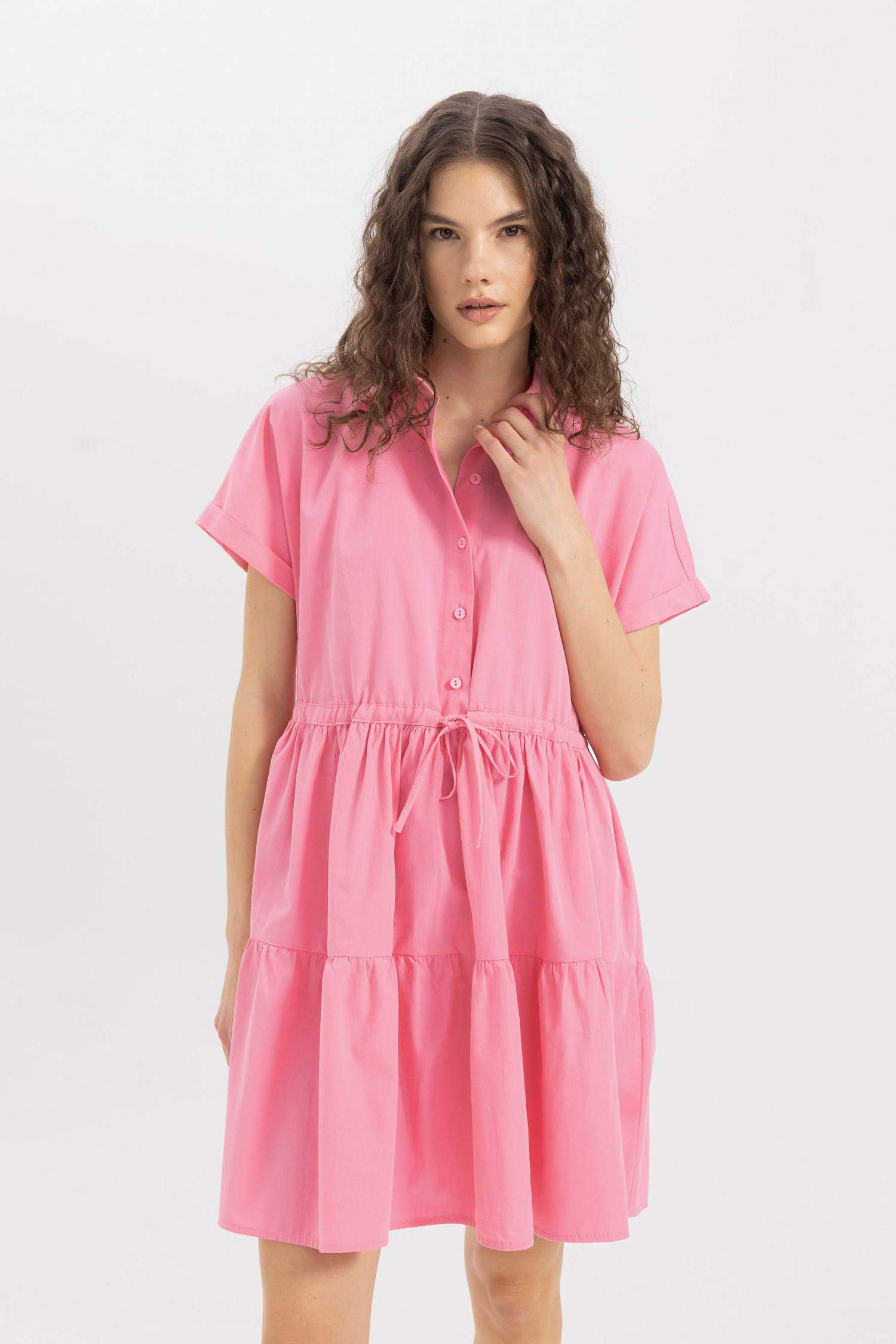 Gömlek Yaka Beli Büzgülü Poplin Kısa Kollu Mini Pembe Elbise