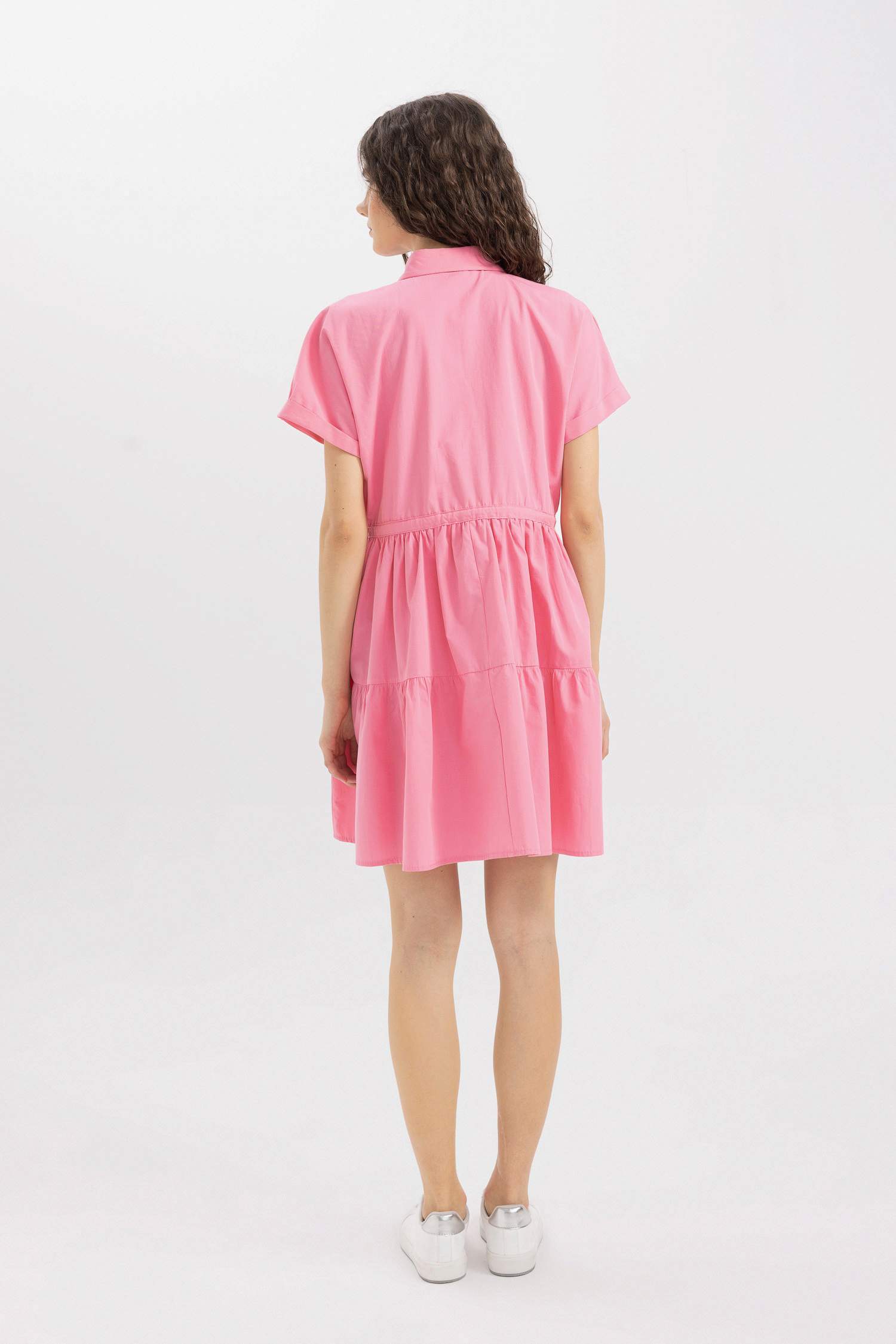 Gömlek Yaka Beli Büzgülü Poplin Kısa Kollu Mini Pembe Elbise