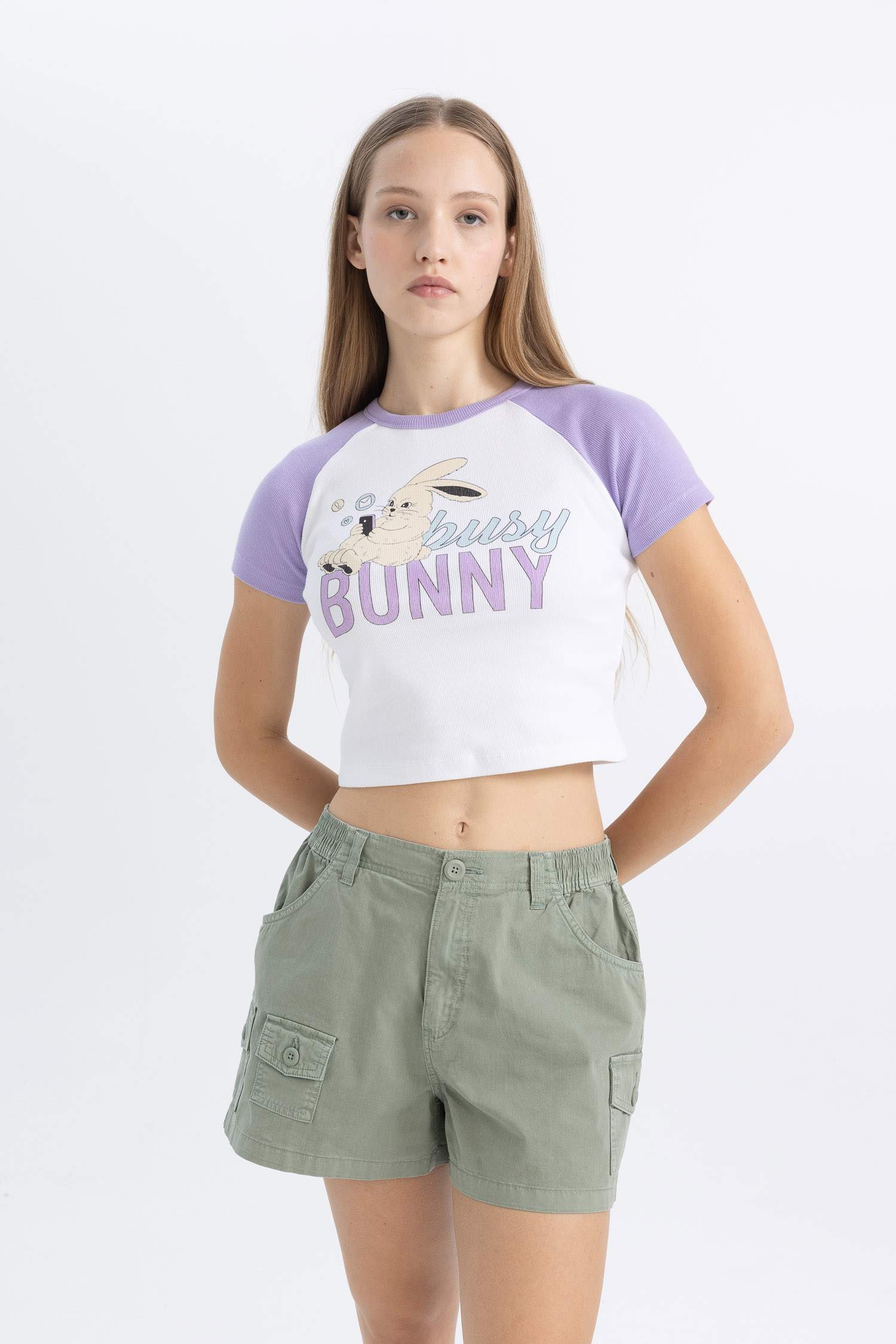 كروب توب نص كم سليم فيت مضلع برقبة مستديرة