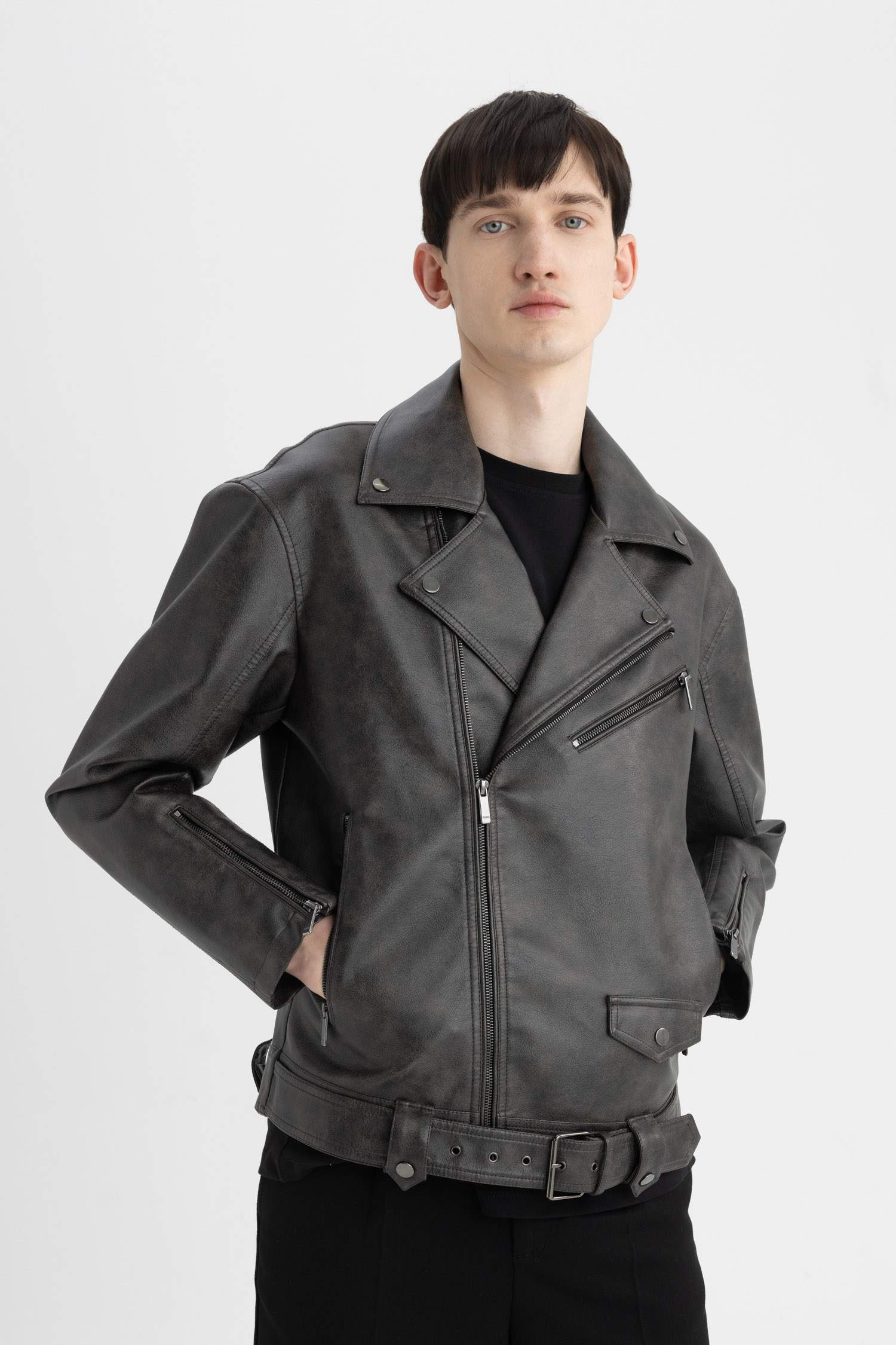 Slim Fit Polo Yaka Suni Deri Ceket Mont