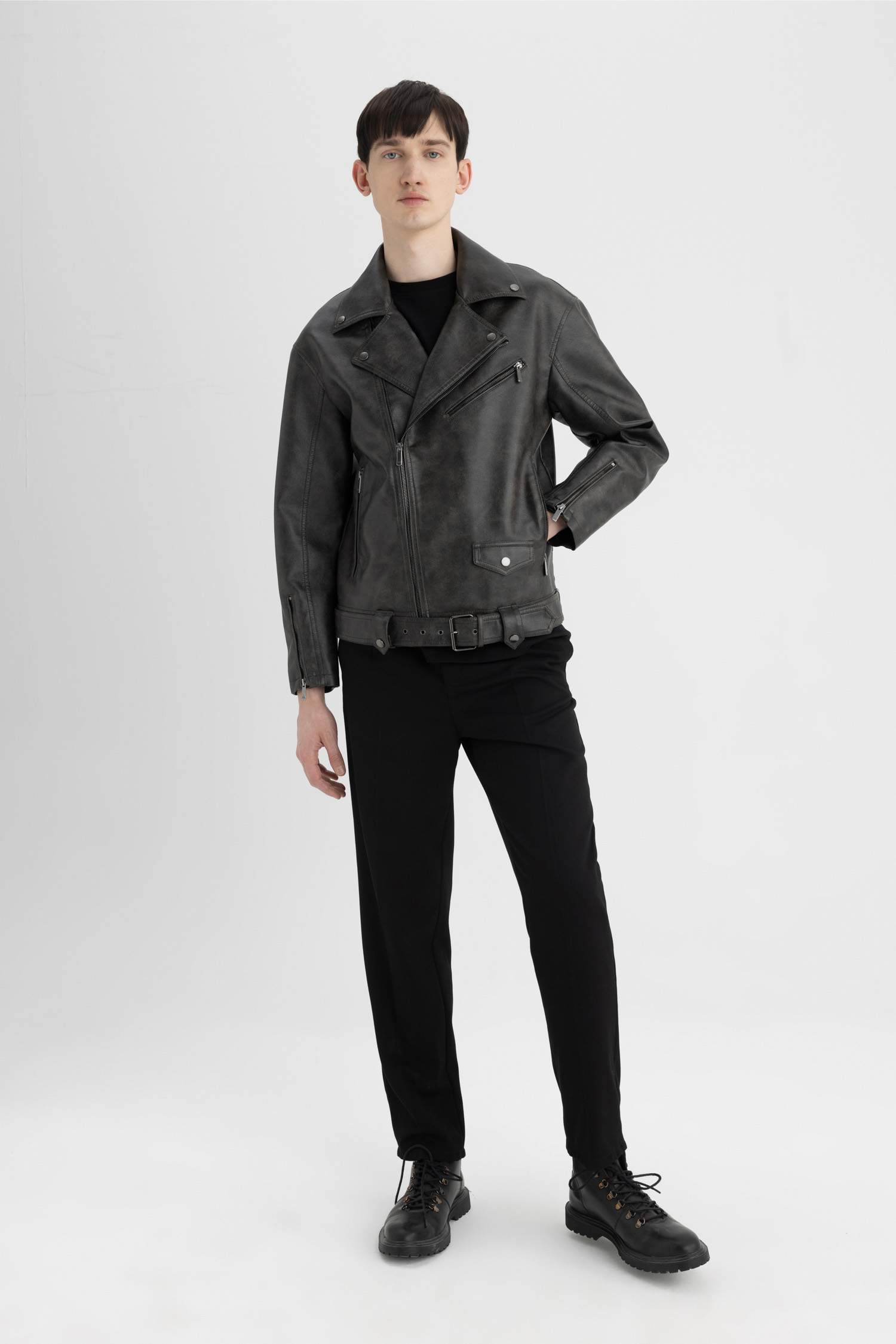 Slim Fit Polo Yaka Suni Deri Ceket Mont