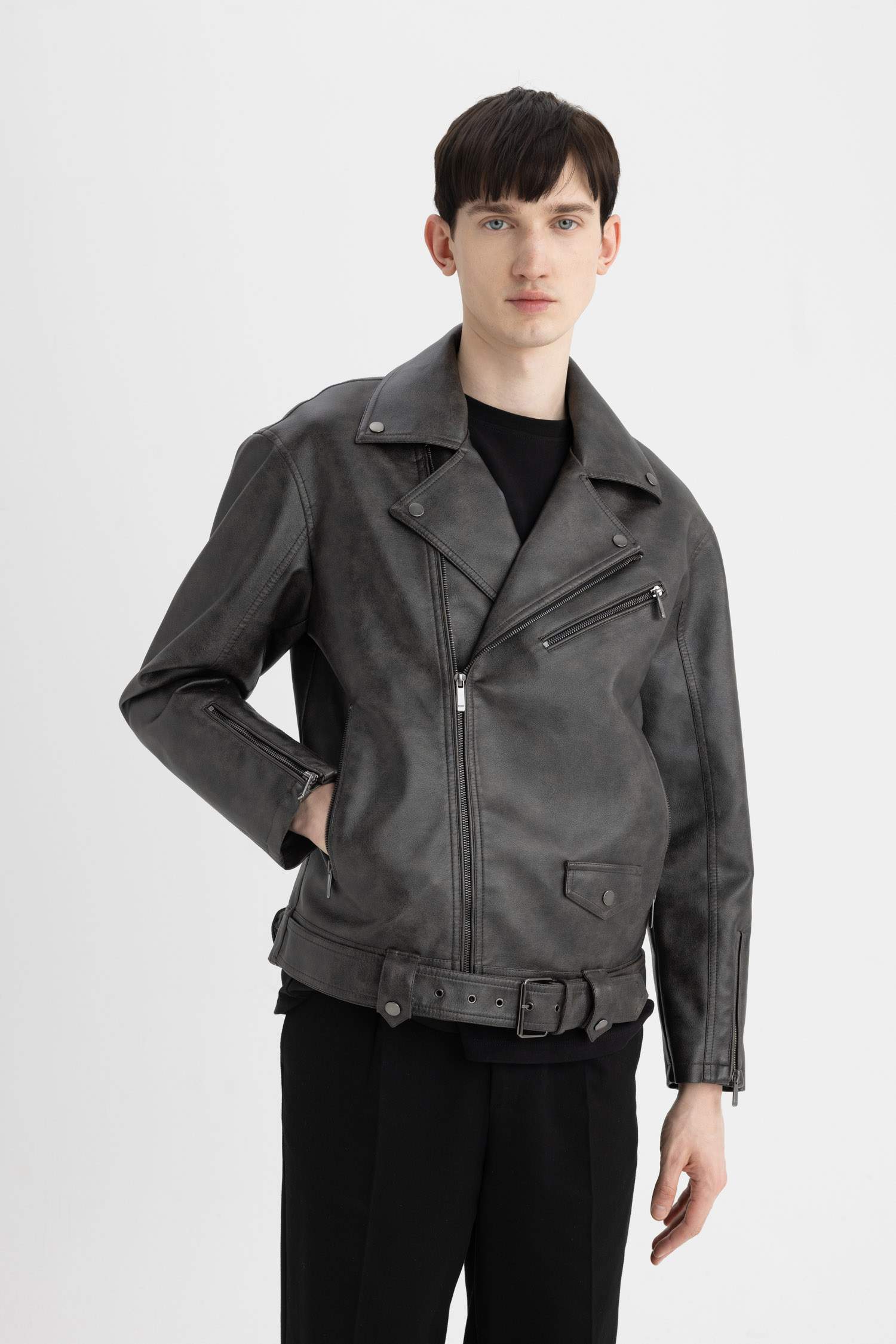 Slim Fit Polo Yaka Suni Deri Ceket Mont