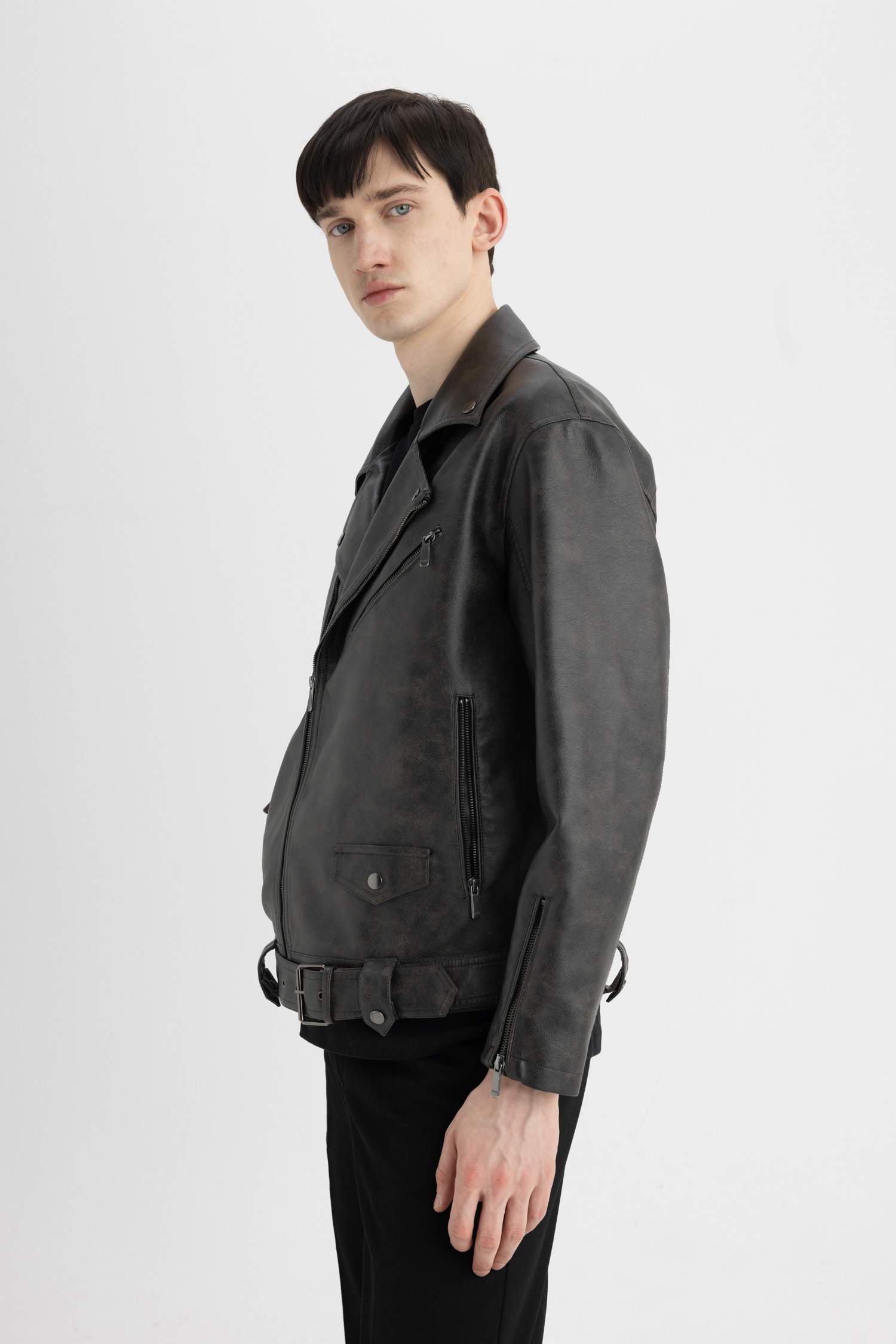 Slim Fit Polo Yaka Suni Deri Ceket Mont