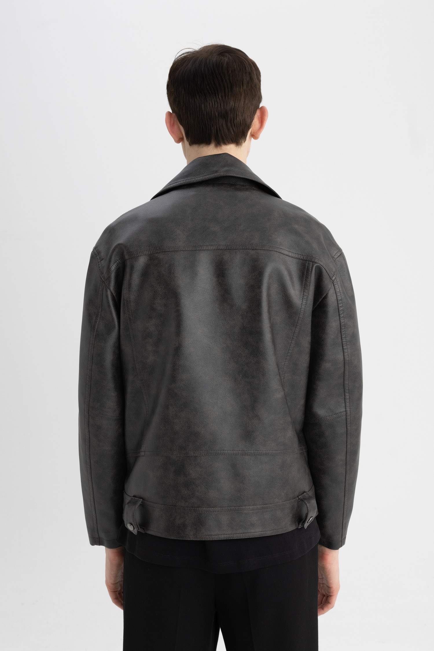 Slim Fit Polo Yaka Suni Deri Ceket Mont