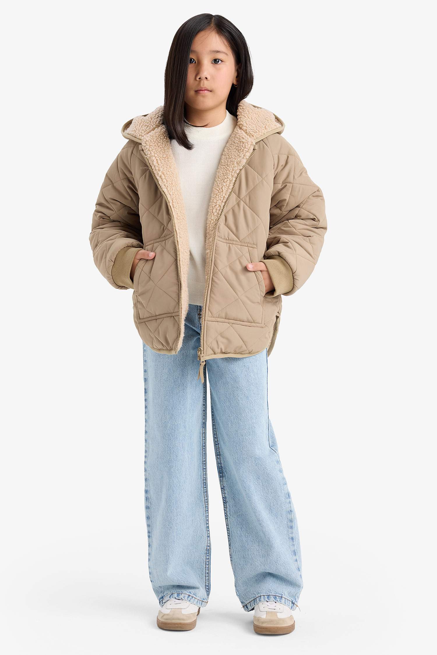 جاكيت دودون ذو وجهين بغطاء للرأس