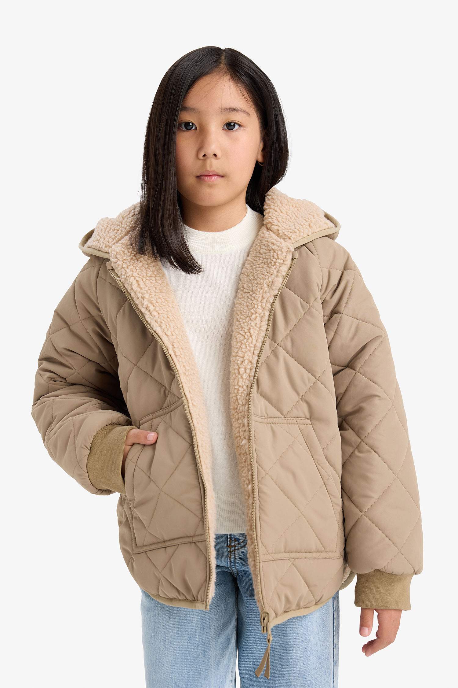 جاكيت دودون ذو وجهين بغطاء للرأس