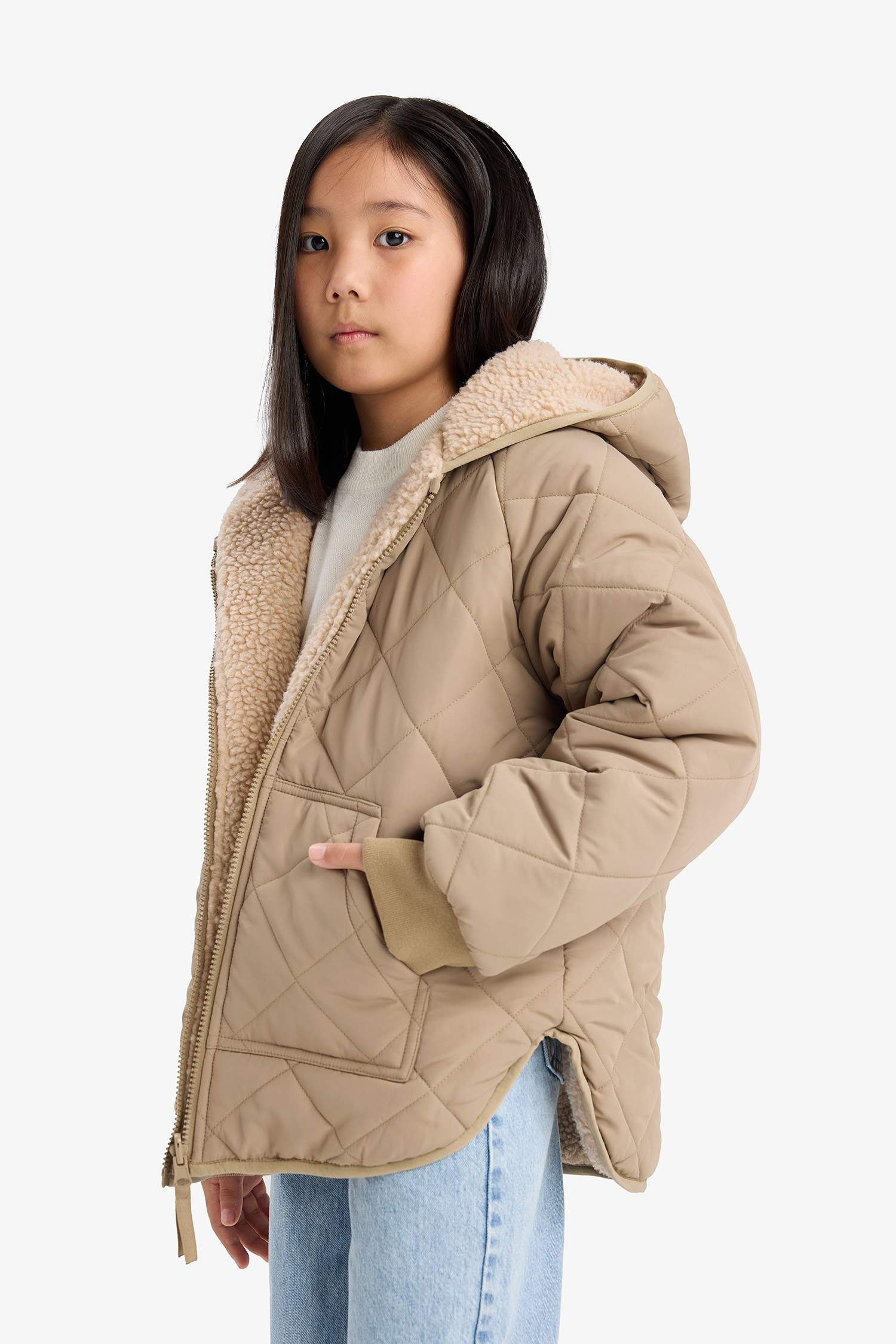 جاكيت دودون ذو وجهين بغطاء للرأس