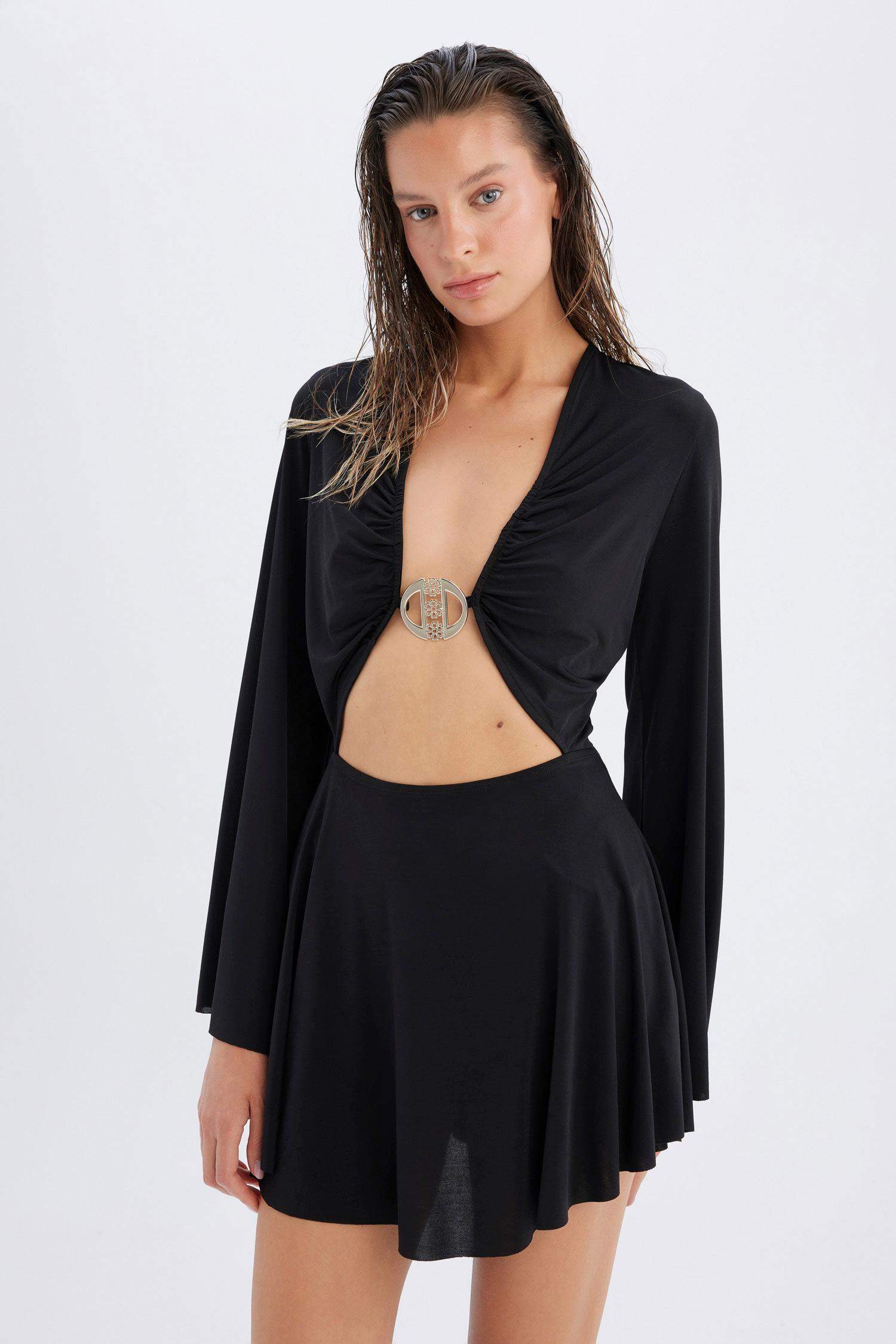 Declara x DeFacto Uzun Kollu Mini Dekolteli Plaj Elbisesi