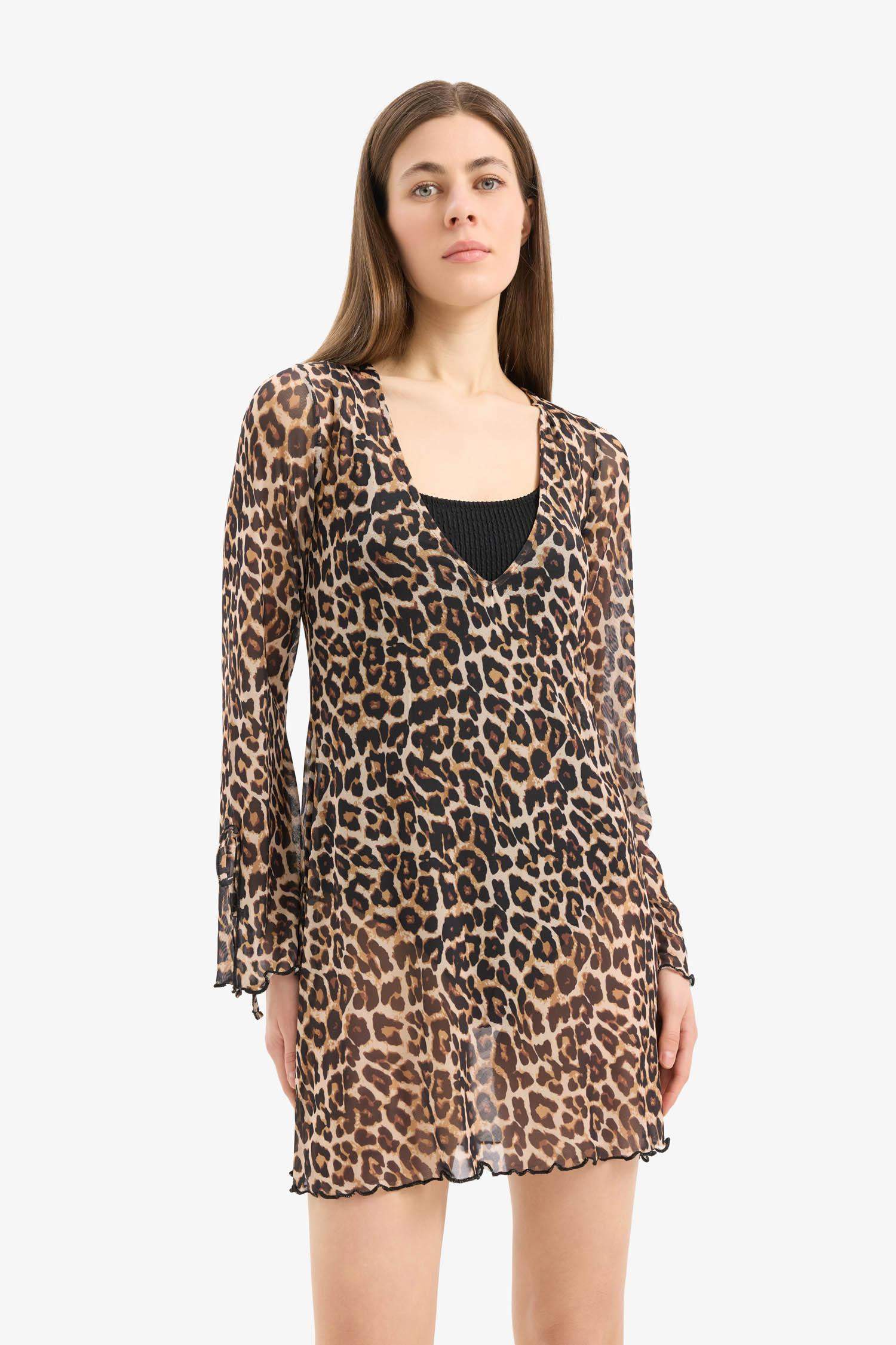 Regular Fit Leopar Desenli Tül Plaj Elbisesi-Fall in Love