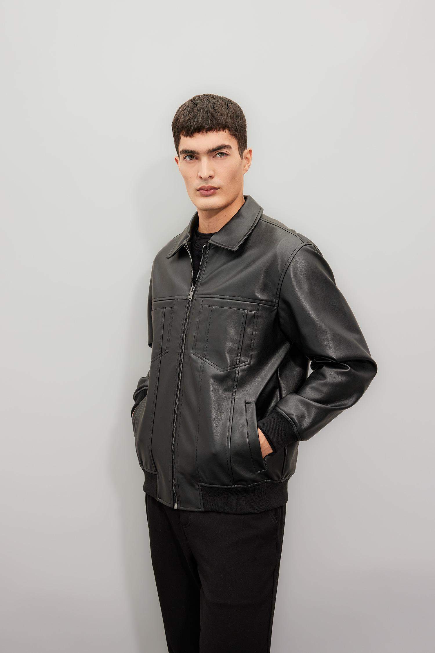 Black MAN Zipper Faux Leather Jacket 3112950 | DeFacto