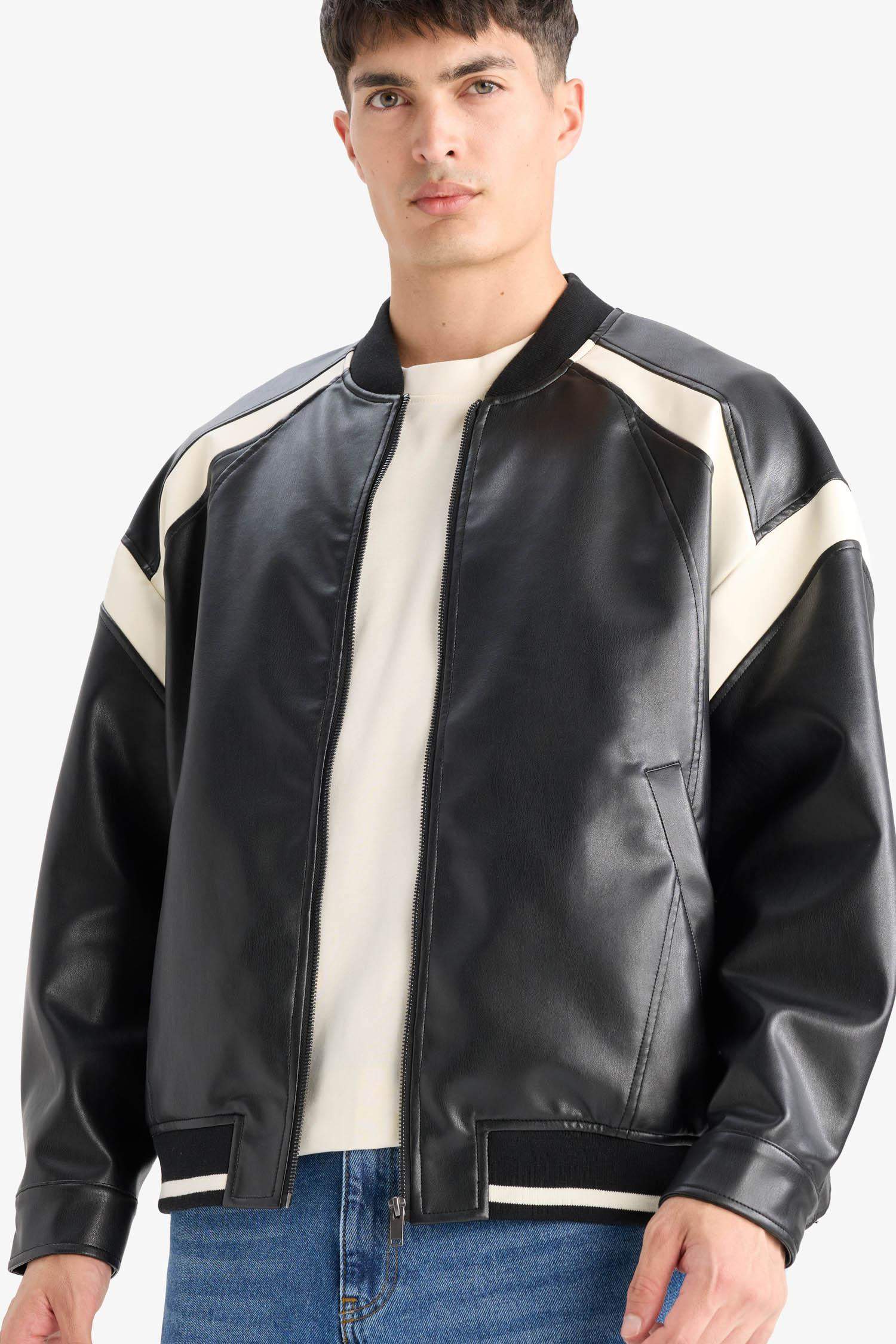 Su İtici Regular Fit Kolej Yaka İç Cep Detaylı Fermuarlı Bomber Mevsimlik Baharlık Deri Ceket Mont