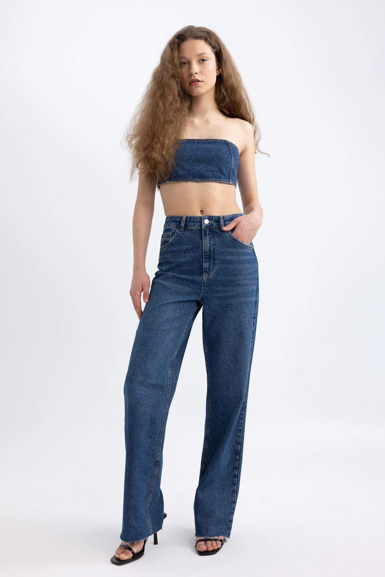 بنطلون جينز وايد ليج برجل واسع وخصر عالي