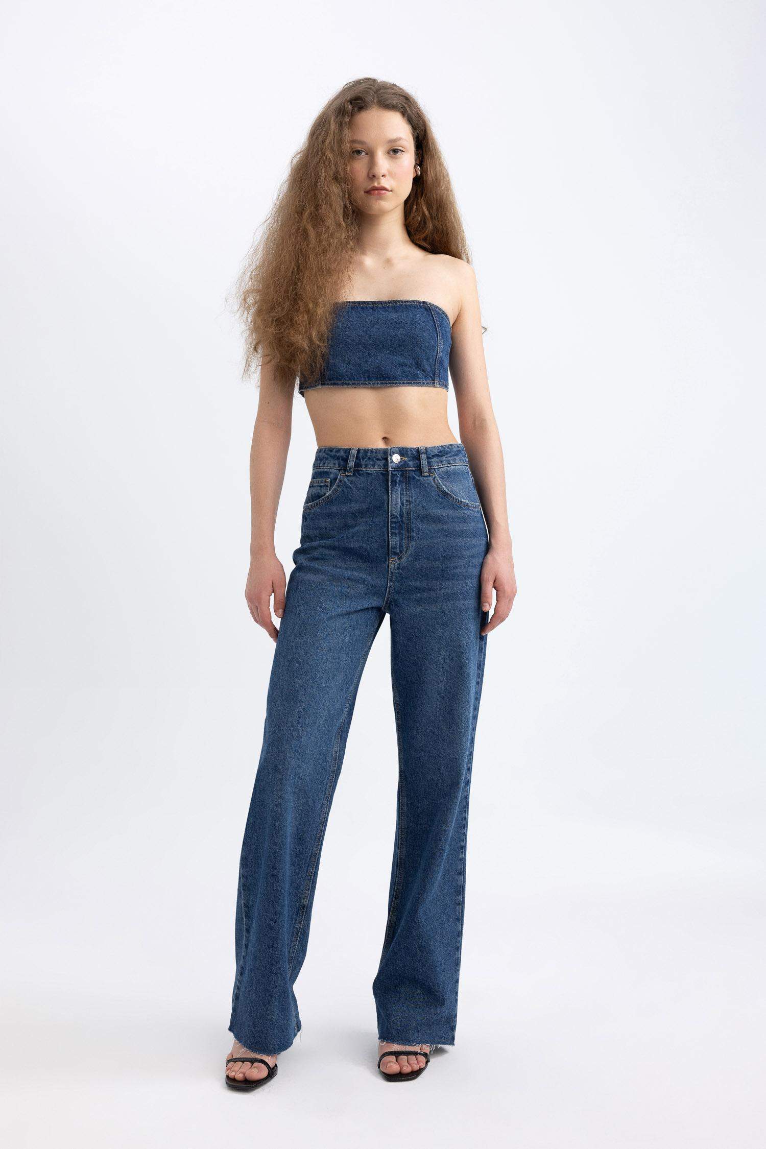 بنطلون جينز وايد ليج برجل واسع وخصر عالي