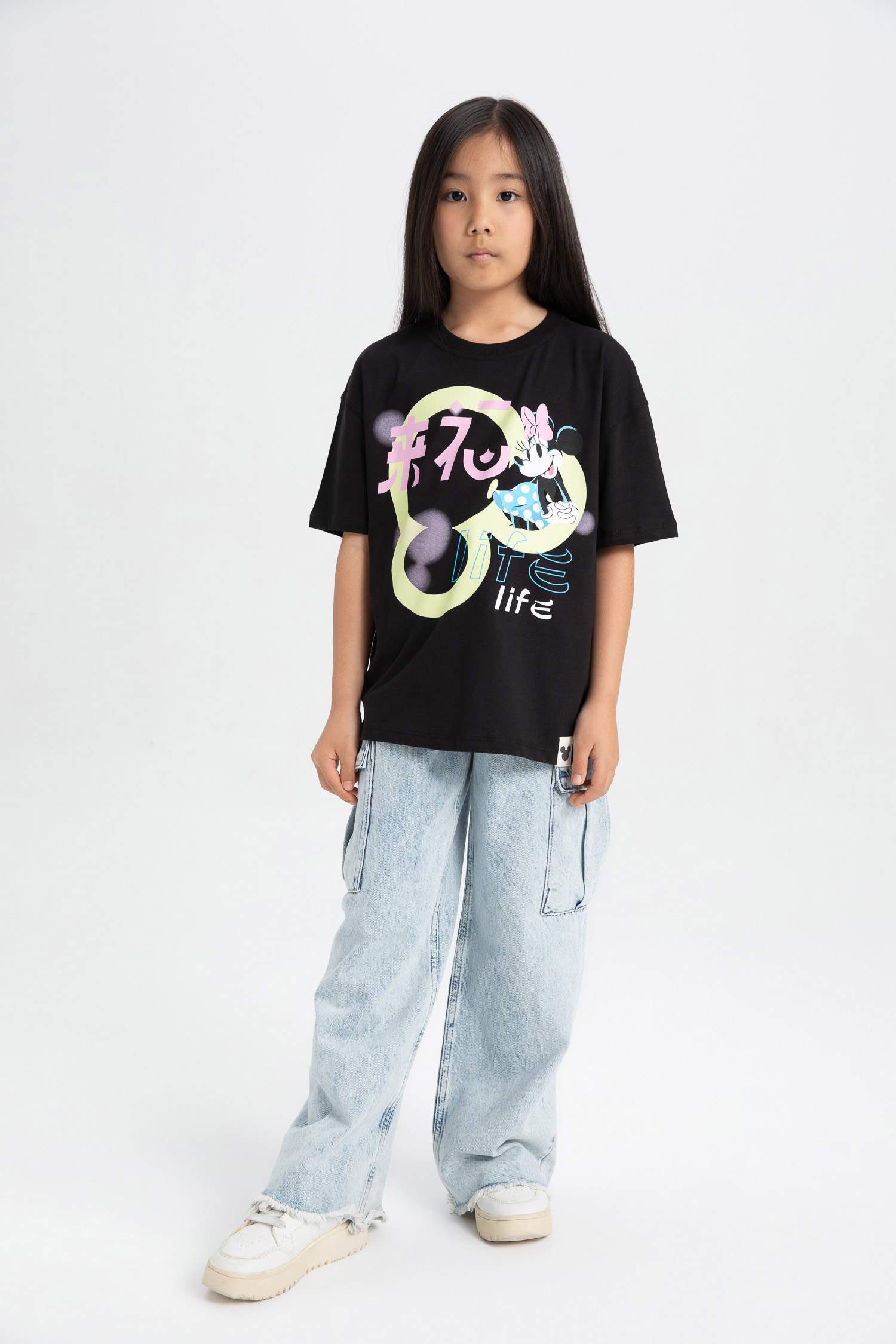 Kız Çocuk Disney Mickey & Minnie Oversize Geniş Kalıp Bisiklet Yaka Kısa Kollu Tişört