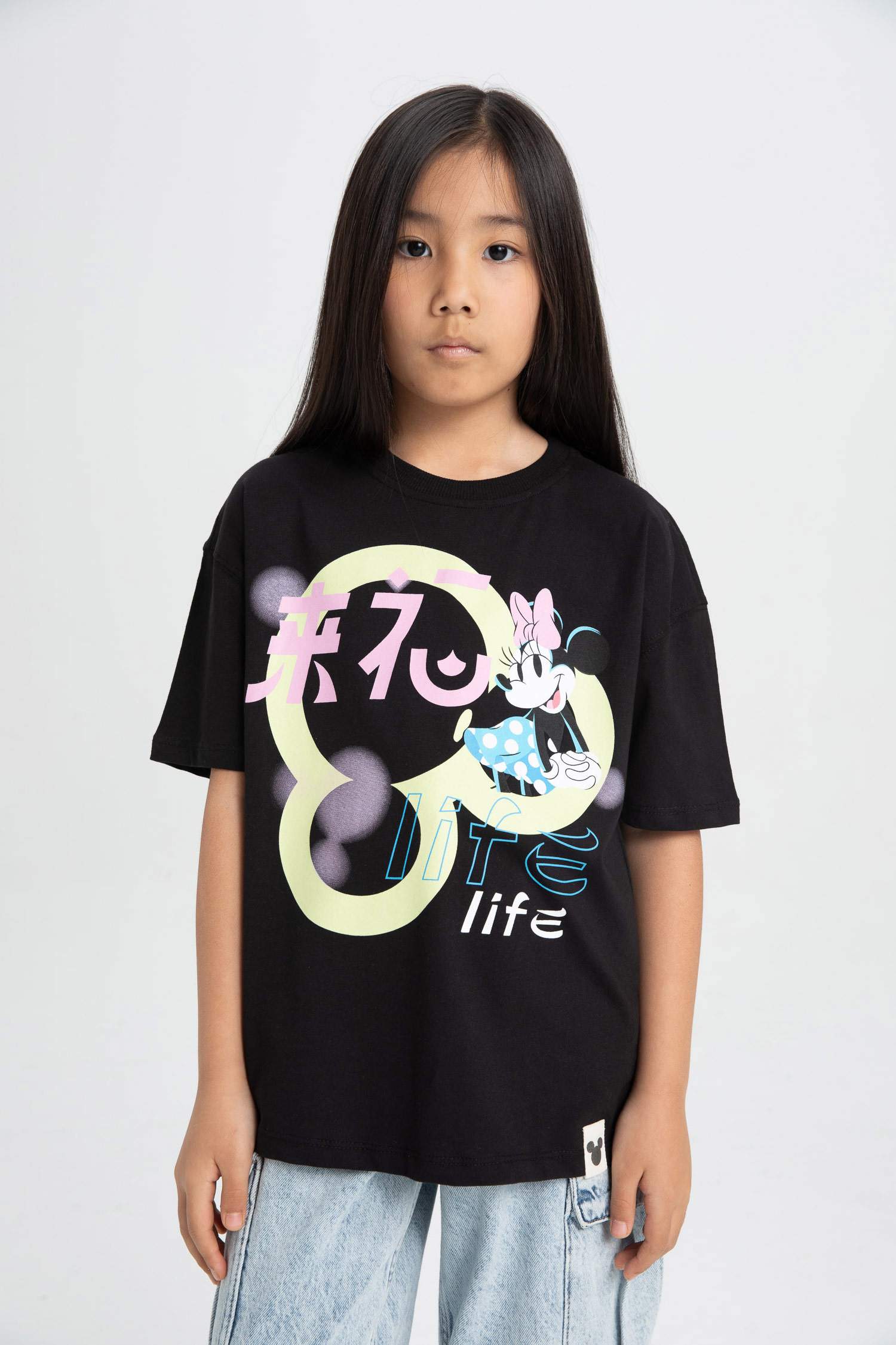 Kız Çocuk Disney Mickey & Minnie Oversize Geniş Kalıp Bisiklet Yaka Kısa Kollu Tişört