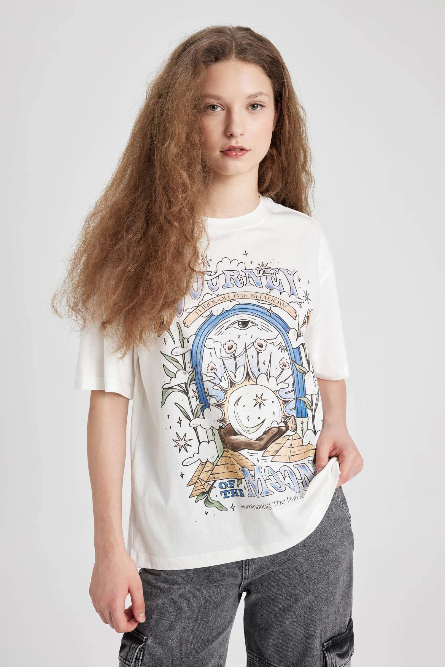 Loose Fit Bisiklet Yaka Baskılı Kısa Kollu Tişört