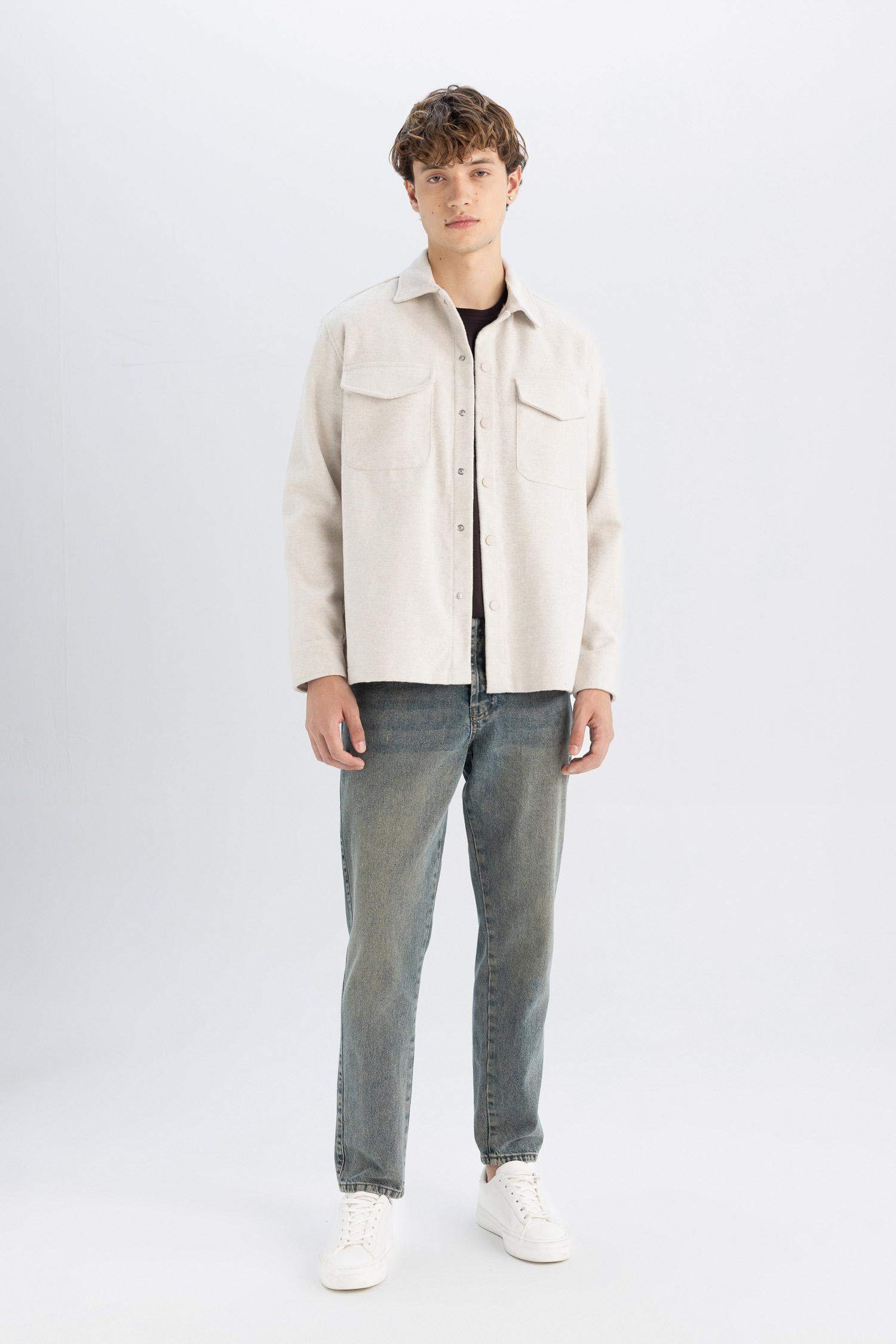 Relax Fit Akrilik Karışımlı Düz Uzun Kollu Gömlek Ceket