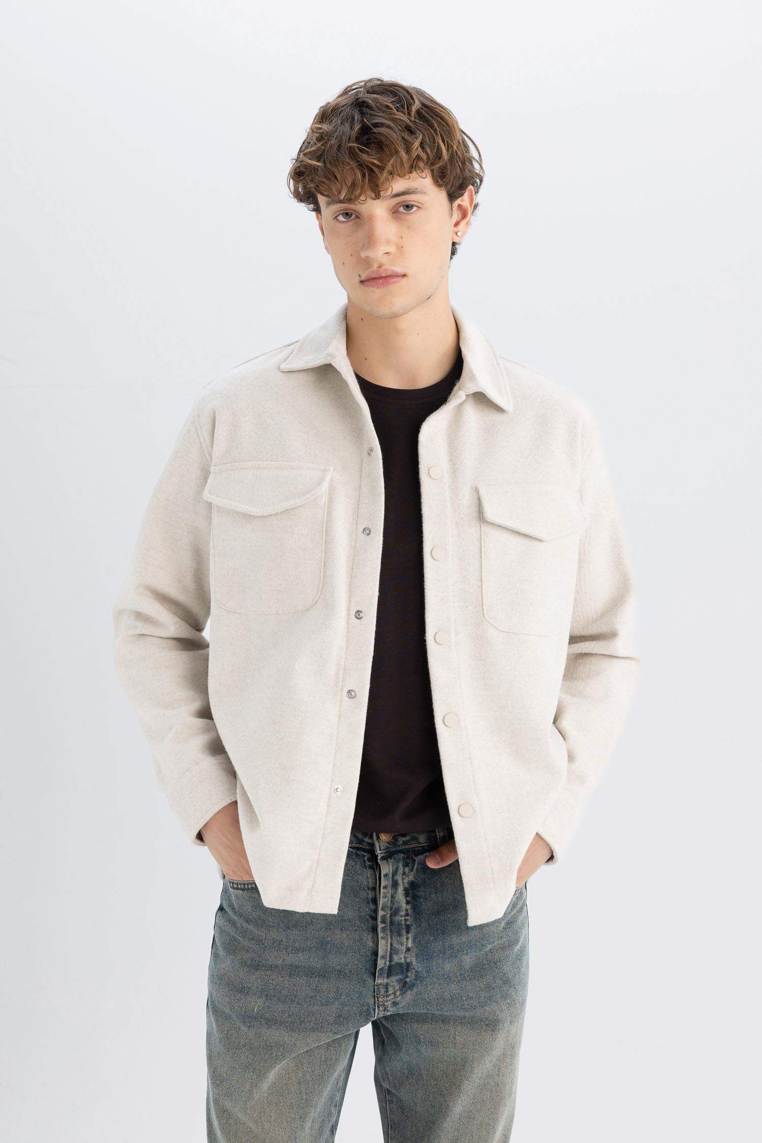 Relax Fit Akrilik Karışımlı Düz Uzun Kollu Gömlek Ceket