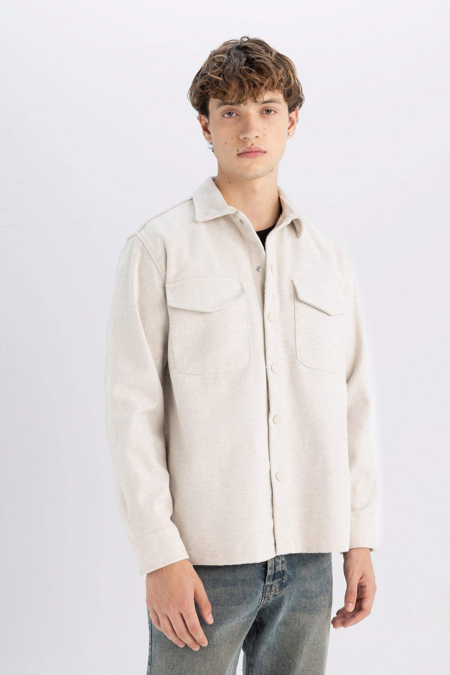 Relax Fit Akrilik Karışımlı Düz Uzun Kollu Gömlek Ceket