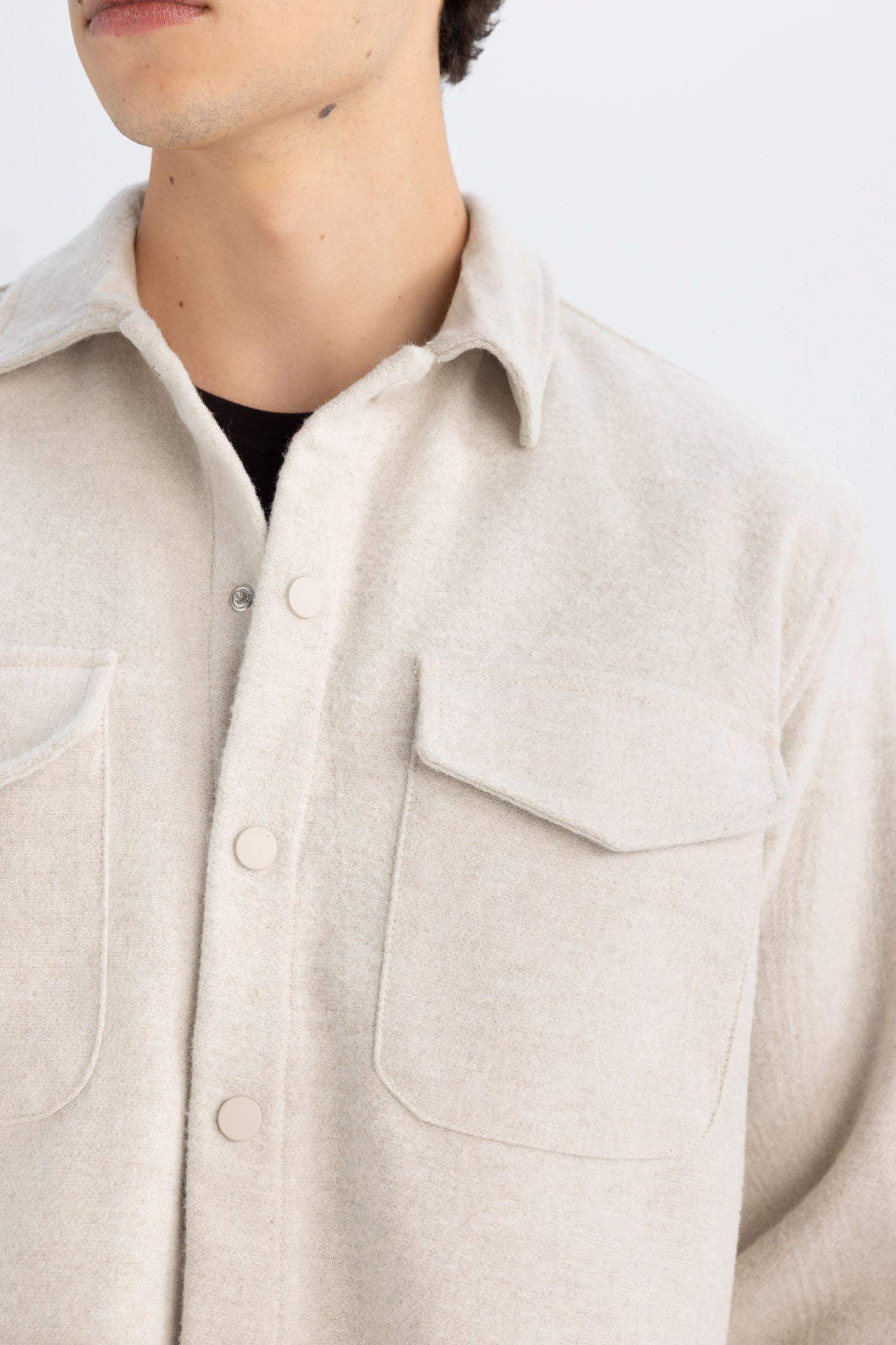 Relax Fit Akrilik Karışımlı Düz Uzun Kollu Gömlek Ceket