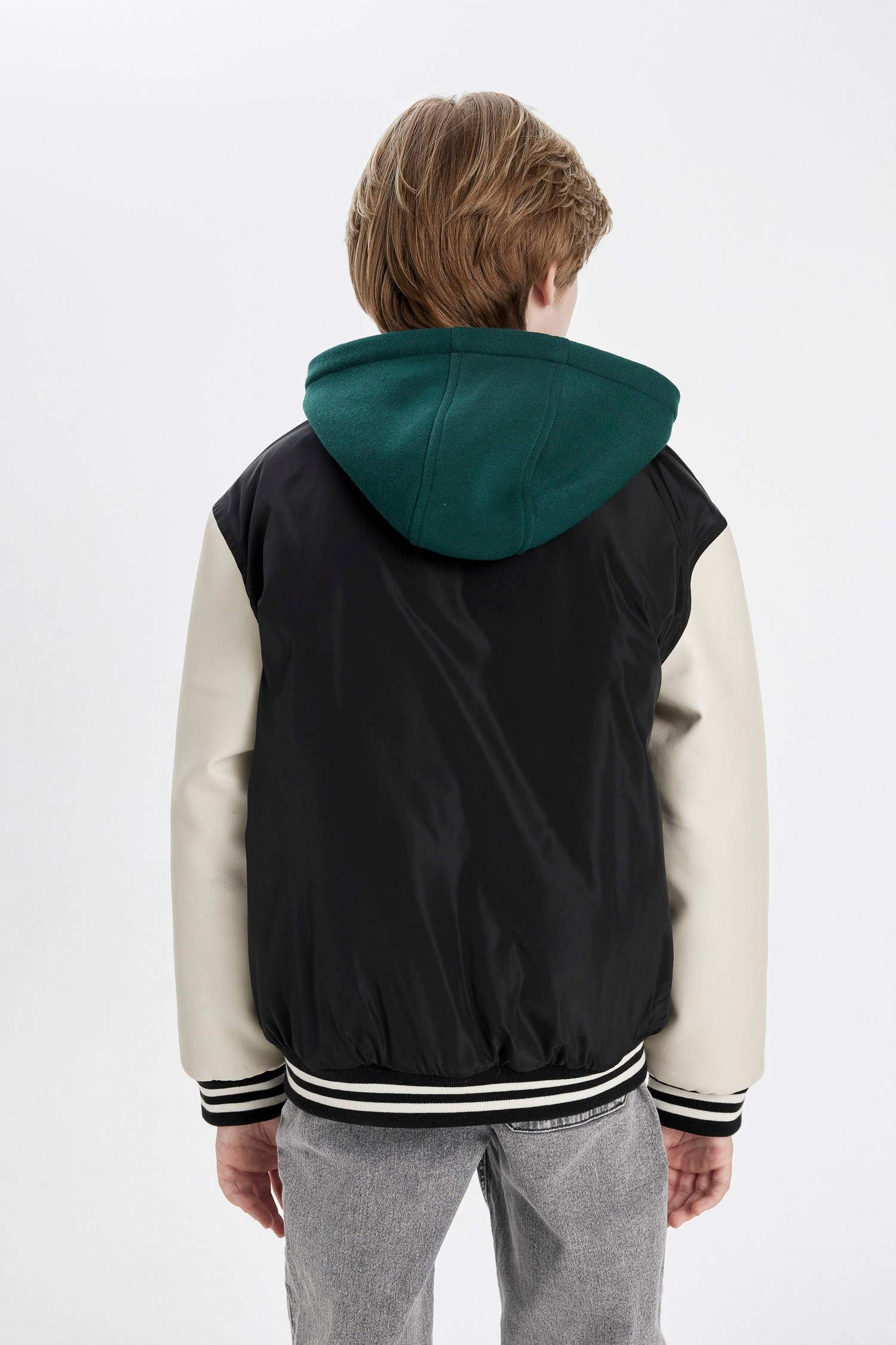 Erkek Çocuk Çıkarılabilir Kapüşonlu Kolej Yaka Fermuarlı Bomber Ceket Mont