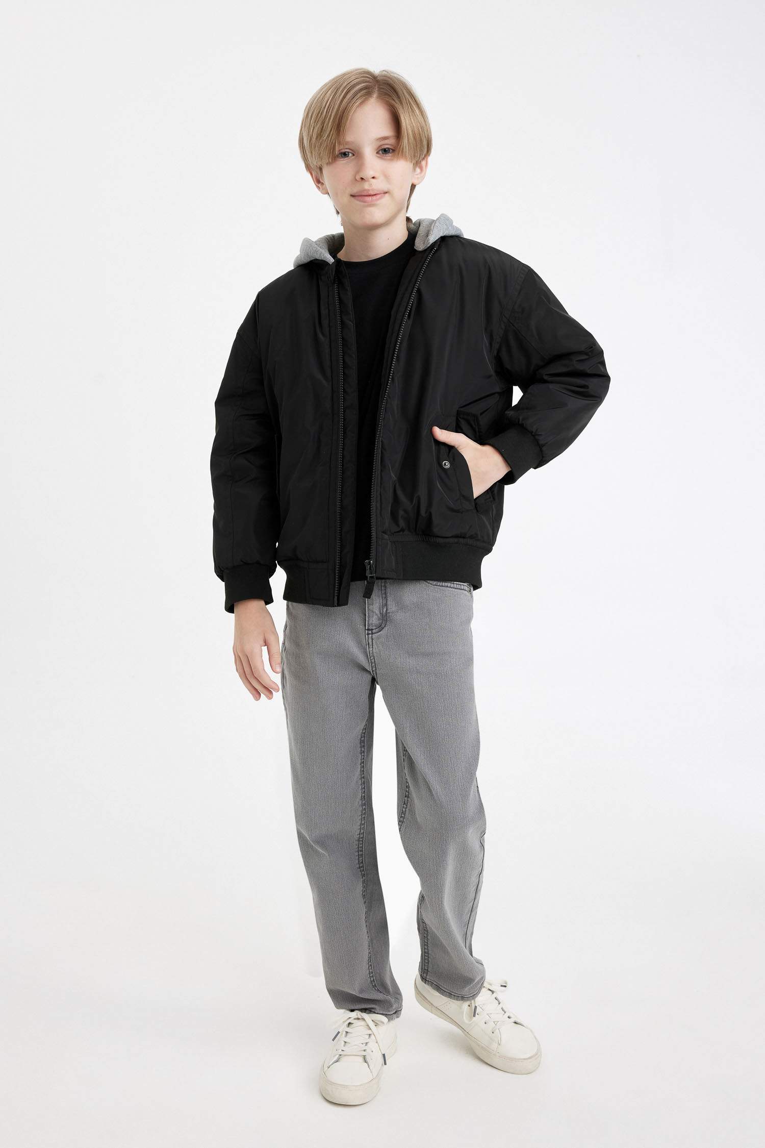 Erkek Çocuk Su Geçirmez Çıkarılabilir Kapüşonlu Kolej Yaka Fermuarlı Ribana Kollu Bomber Mont