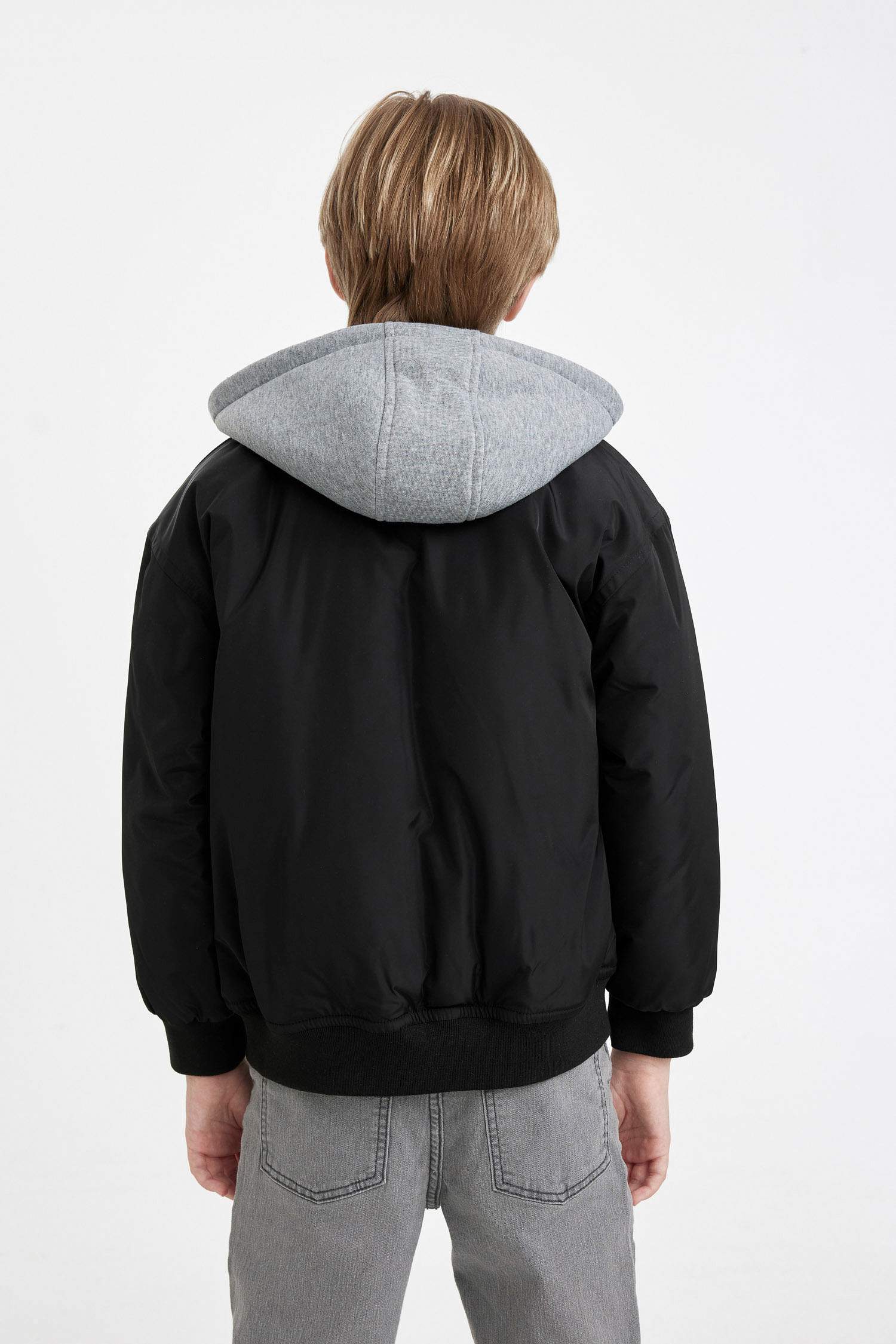 Erkek Çocuk Su Geçirmez Çıkarılabilir Kapüşonlu Kolej Yaka Fermuarlı Ribana Kollu Bomber Mont