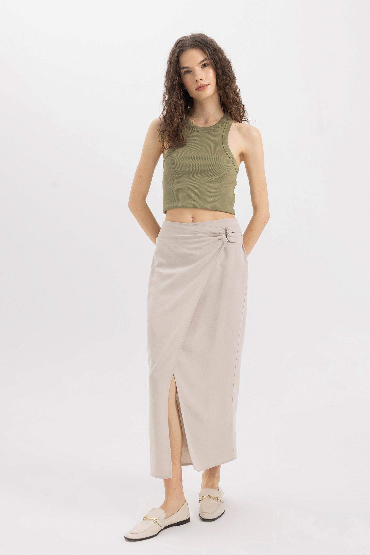 A Line Linen Blended Normal Waist Maxi Skirt