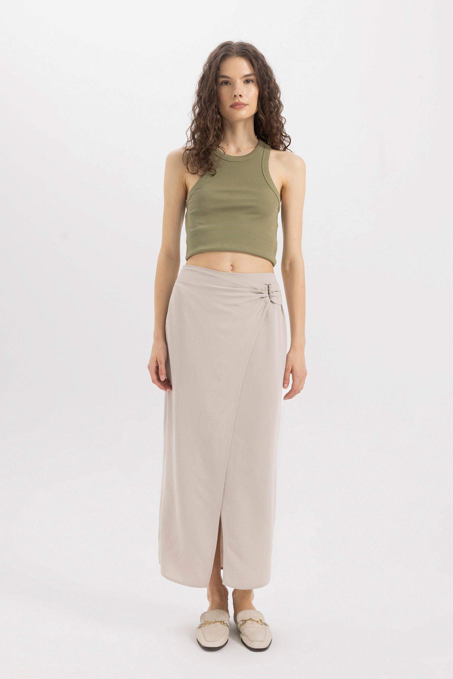 A Line Linen Blended Normal Waist Maxi Skirt