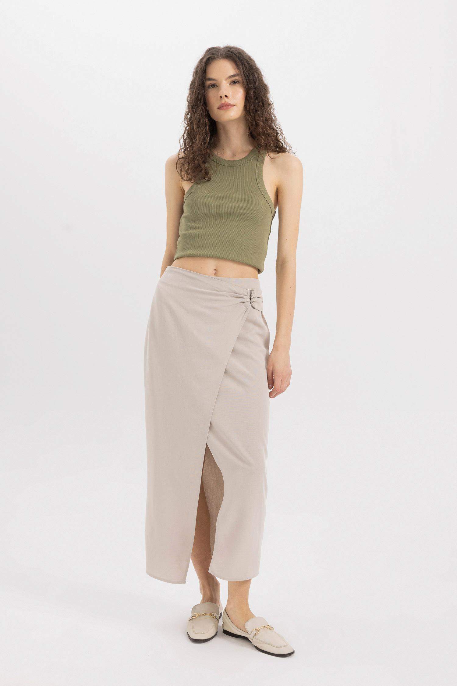 A Line Linen Blended Normal Waist Maxi Skirt