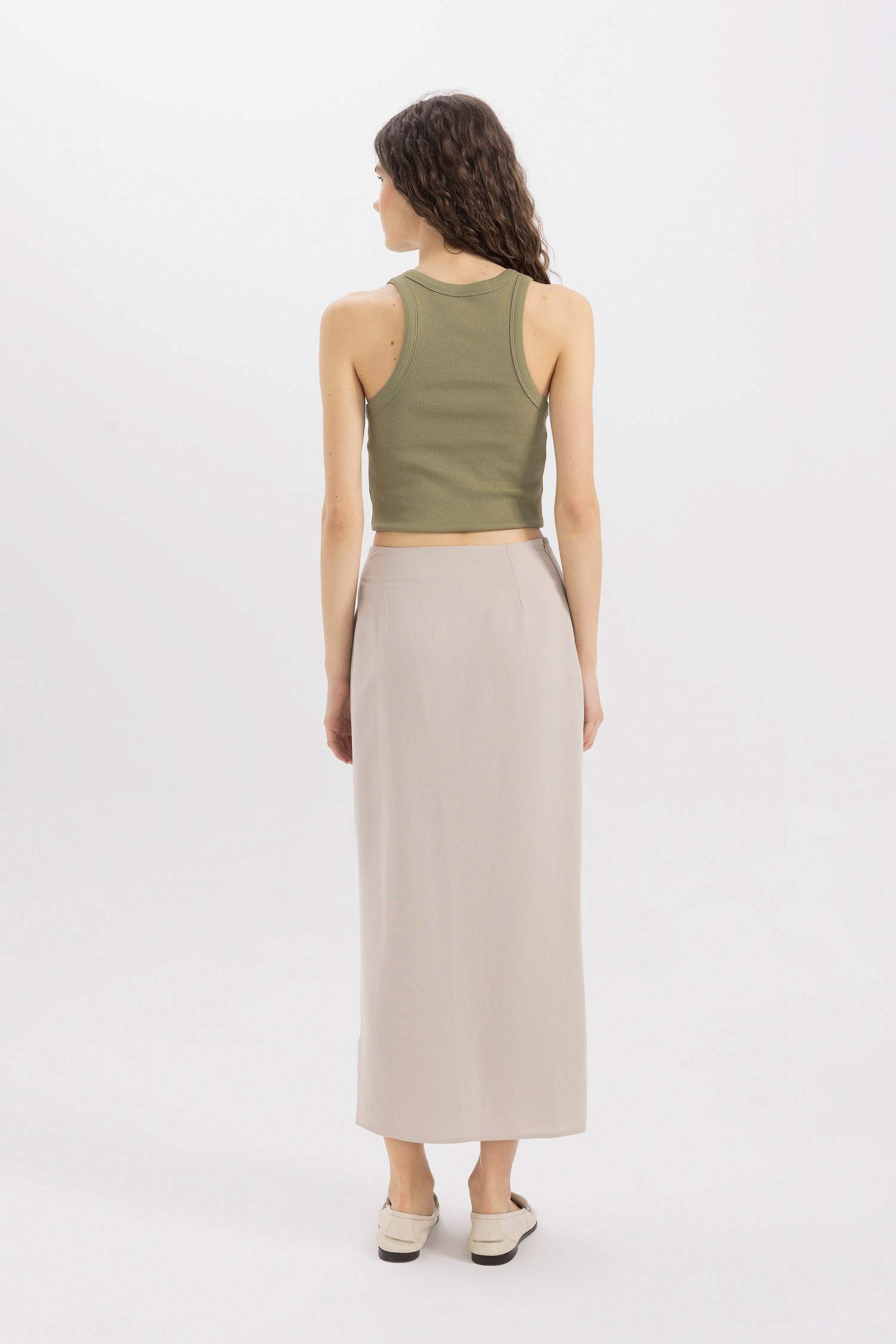 A Line Linen Blended Normal Waist Maxi Skirt