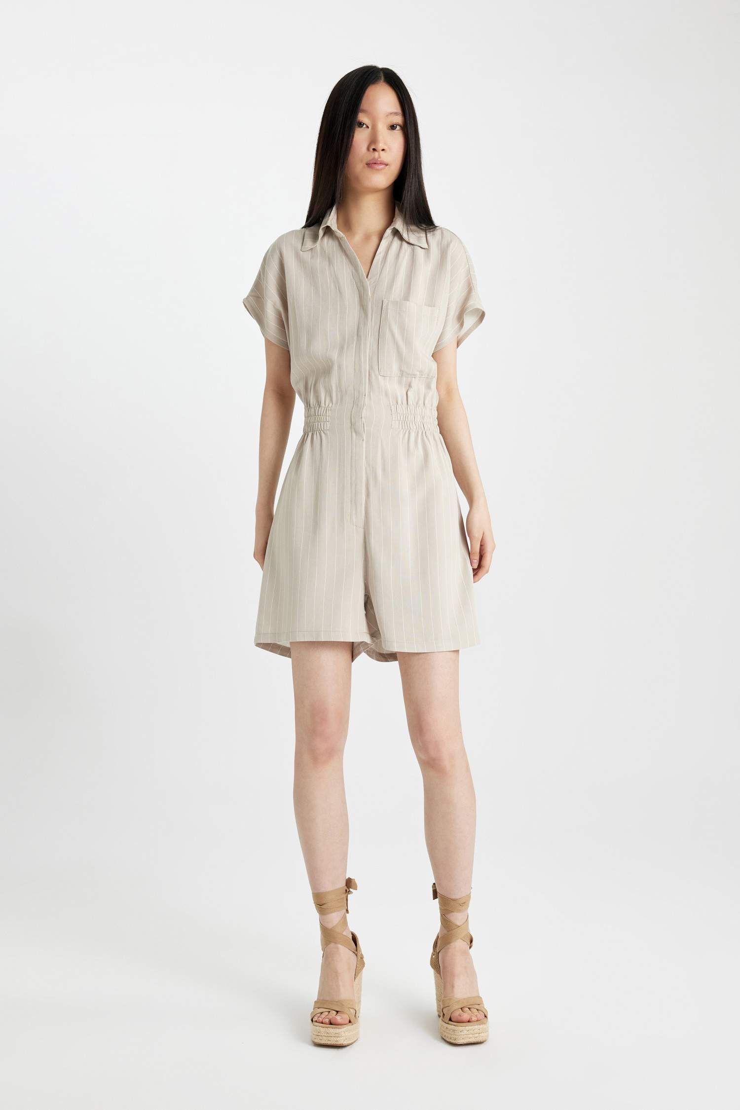 Shirt Collar Linen Short Sleeve Striped Jumpsuit