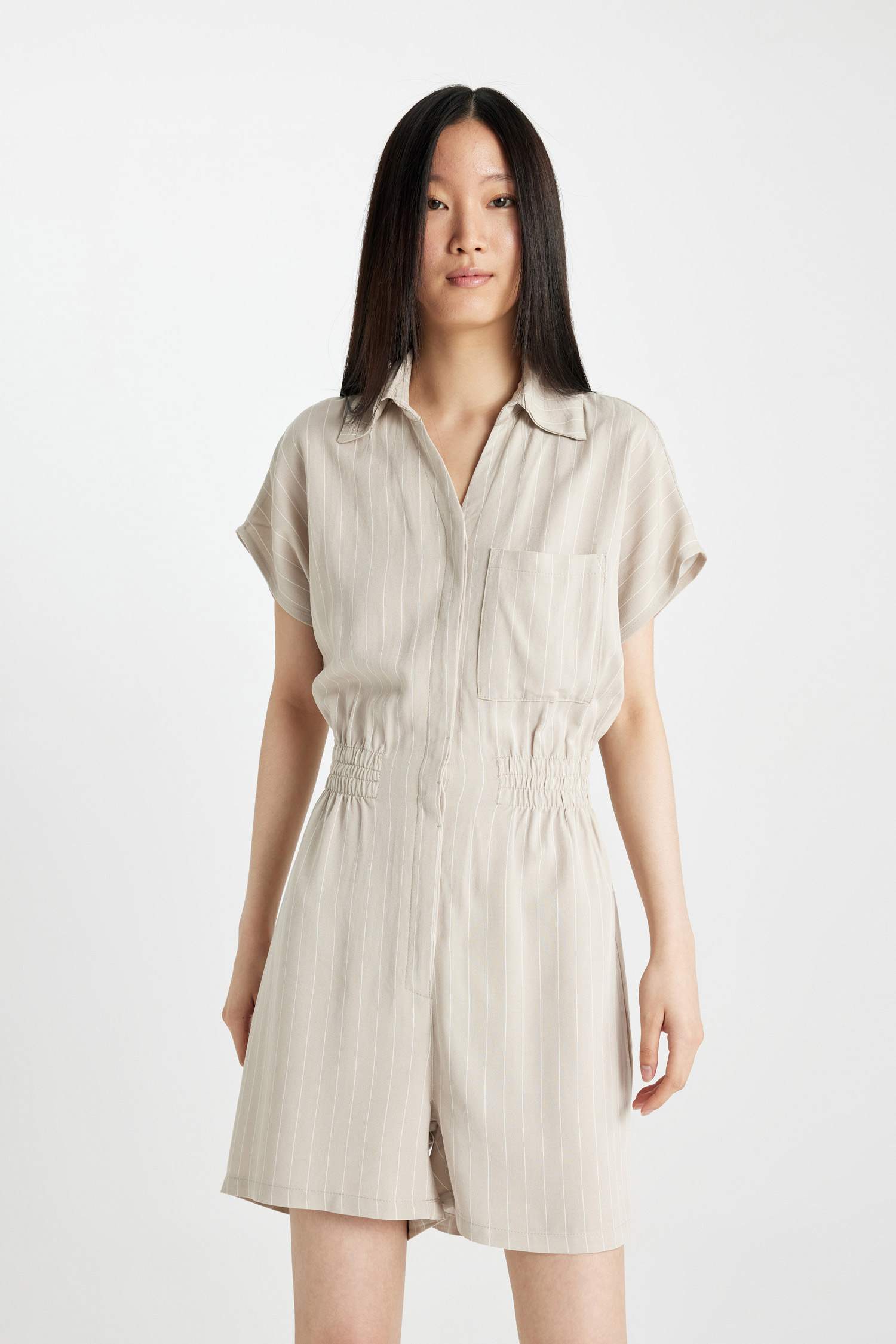 Shirt Collar Linen Short Sleeve Striped Jumpsuit