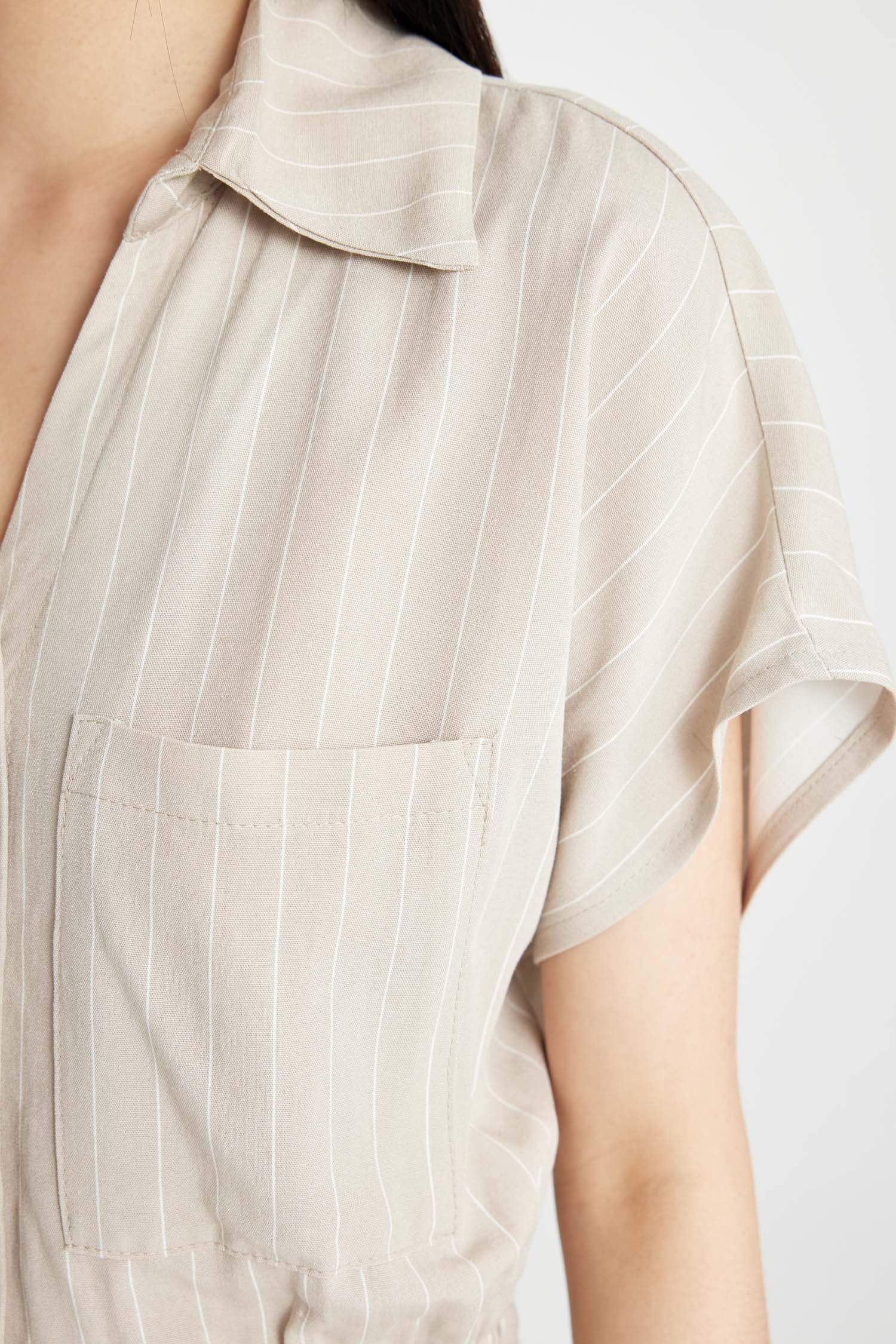 Shirt Collar Linen Short Sleeve Striped Jumpsuit